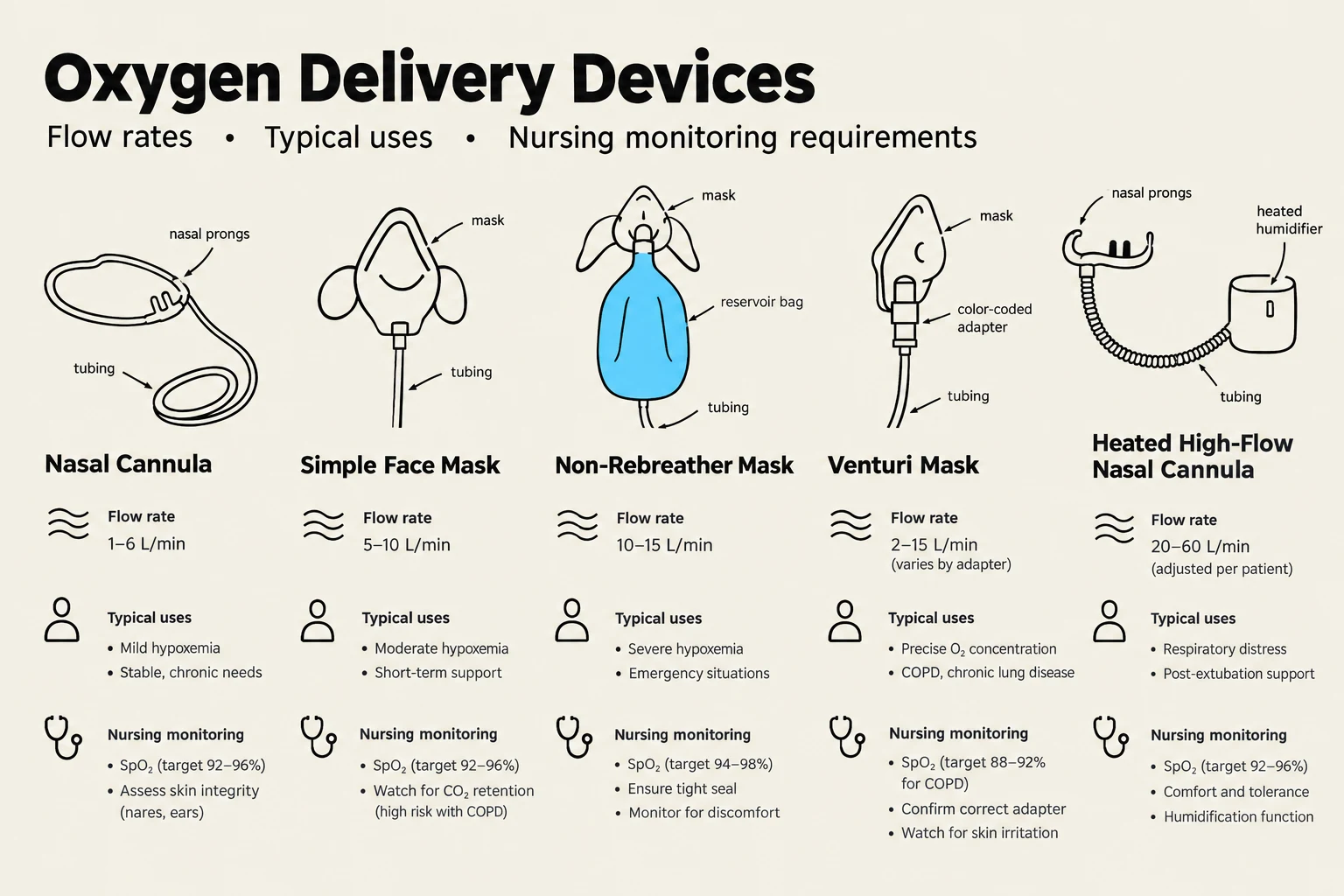 This diagram illustrates various oxygen delivery devices, including nasal cannulas, simple face masks, non-rebreather masks, Venturi masks, and heated high-flow nasal cannulas. For each device, it details typical flow rates, common uses, and nursing monitoring requirements such as SpO2 levels and skin integrity checks.