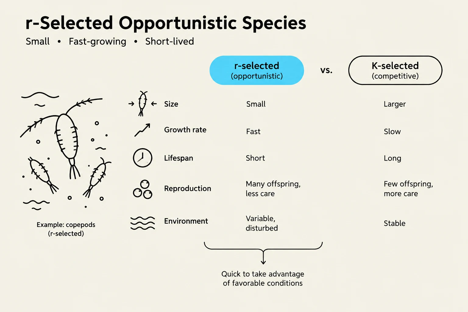 This diagram illustrates the characteristics of r-selected and K-selected species, focusing on traits like size, growth rate, lifespan, reproduction, and environment.