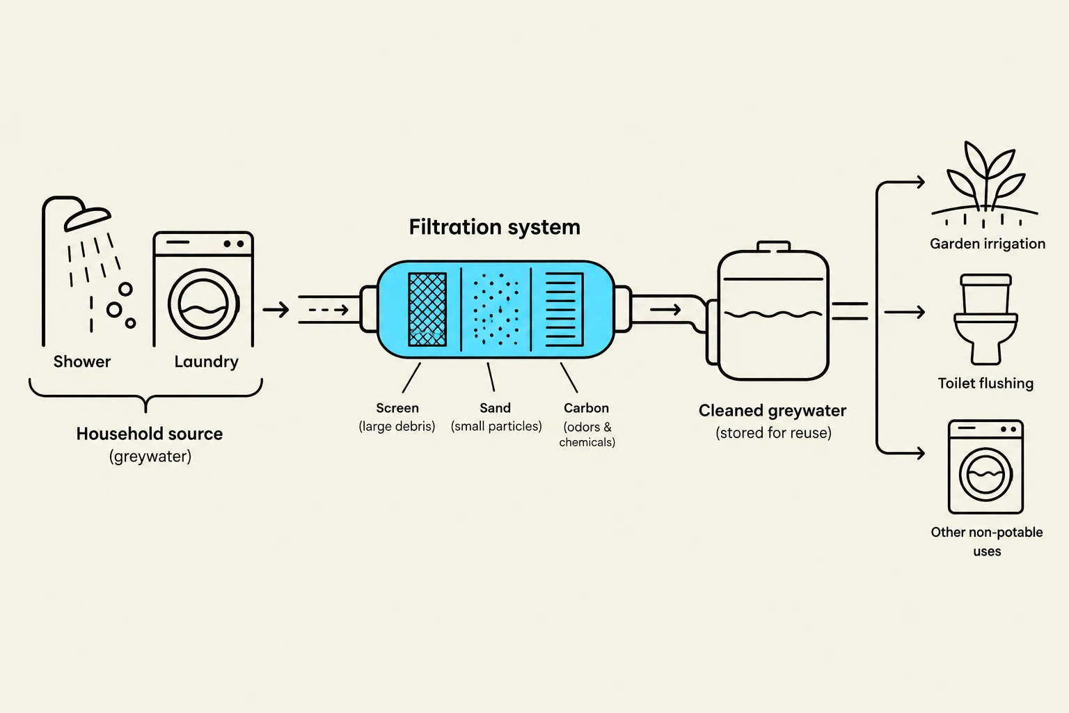 Diagram illustrating a greywater filtration system for household reuse, showing water from showers and laundry being filtered through screens, sand, and carbon before being stored for non-potable uses like garden irrigation, toilet flushing, or other applications.