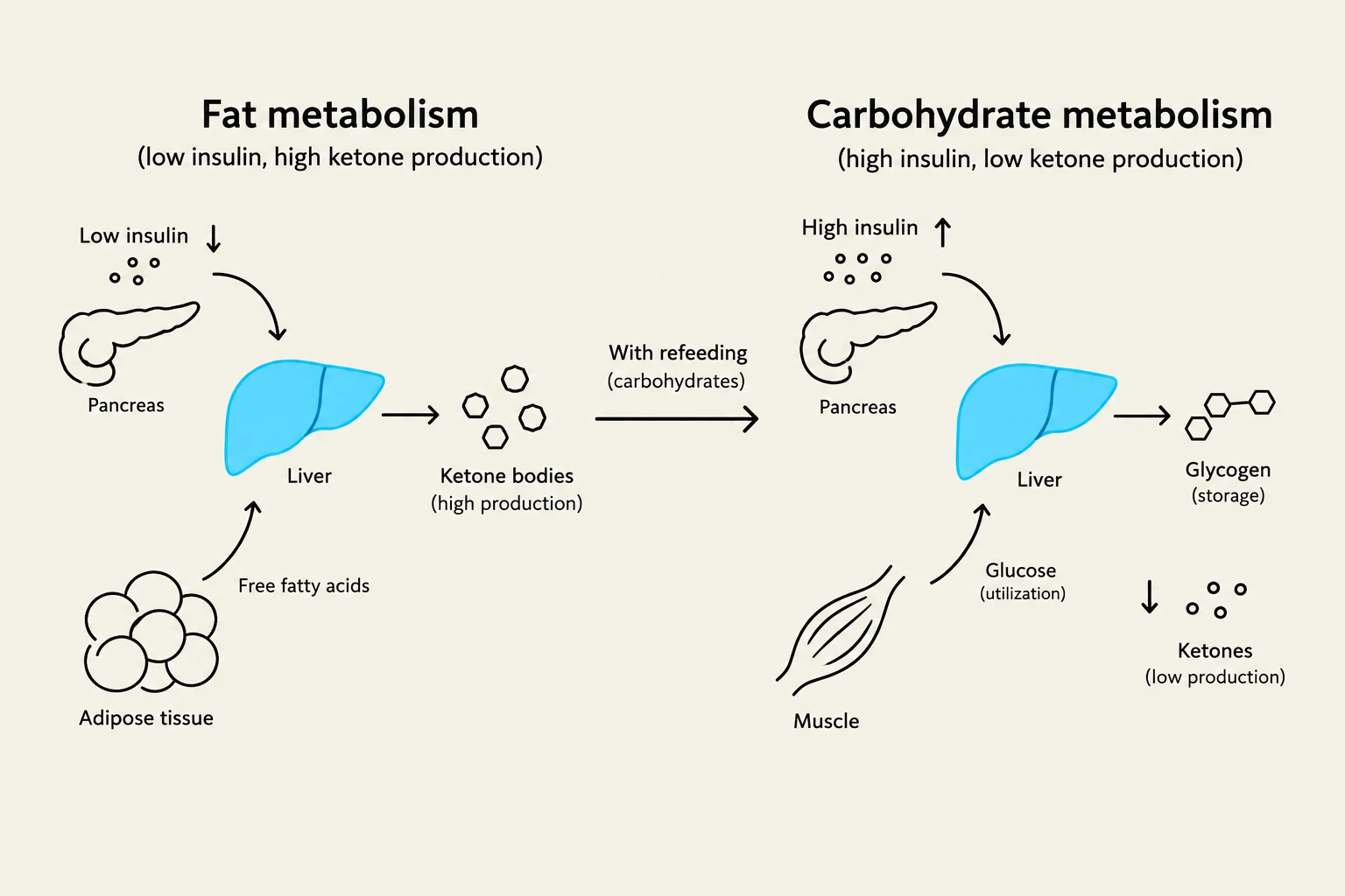 Diagrams illustrating the processes of fat metabolism and carbohydrate metabolism, highlighting the roles of insulin, the pancreas, liver, adipose tissue, and muscle.