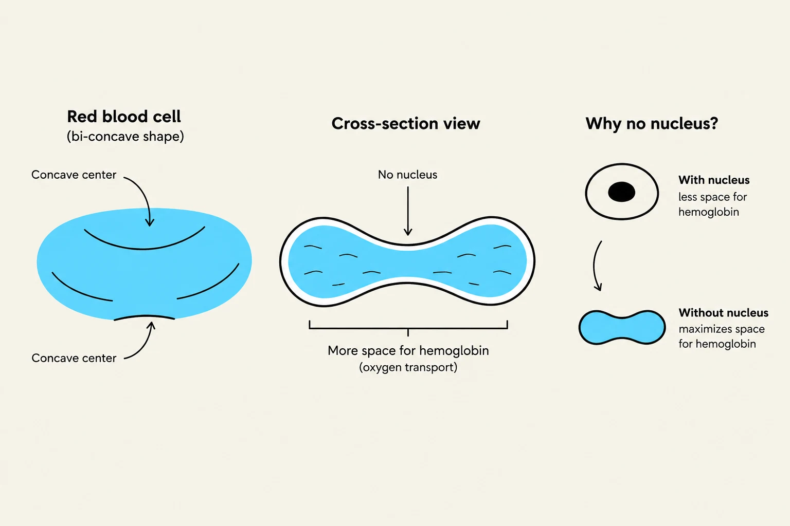 Diagram illustrating the bi-concave shape of a red blood cell and explaining why the absence of a nucleus maximizes space for hemoglobin, which is crucial for oxygen transport.