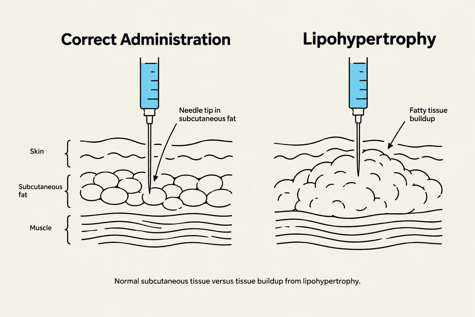 Diagram illustrating correct subcutaneous injection versus lipohypertrophy due to fatty tissue buildup.