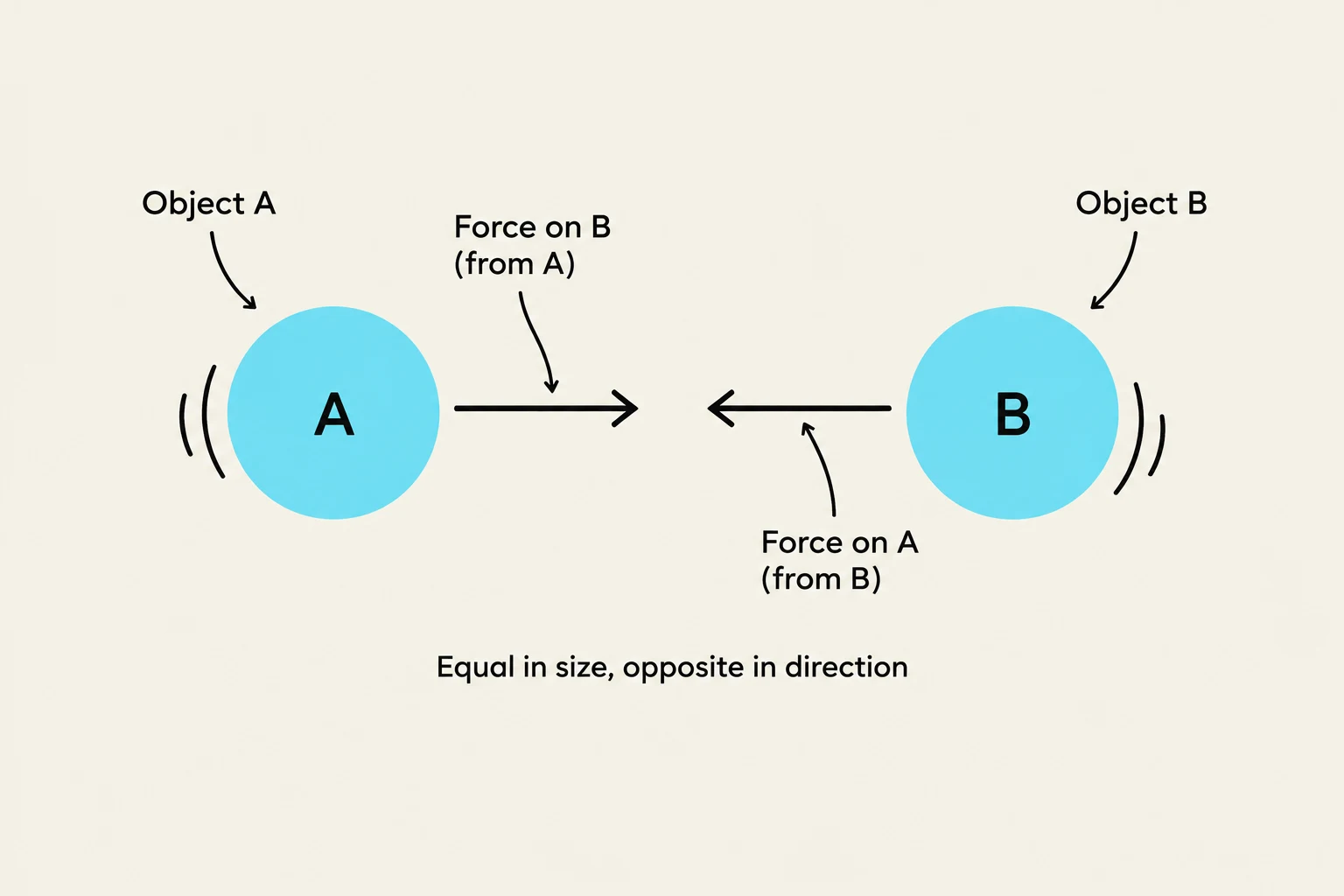 This diagram illustrates Newton's third law of motion, showing that for every action, there is an equal and opposite reaction. Object A exerts a force on Object B, and Object B exerts an equal and opposite force on Object A.
