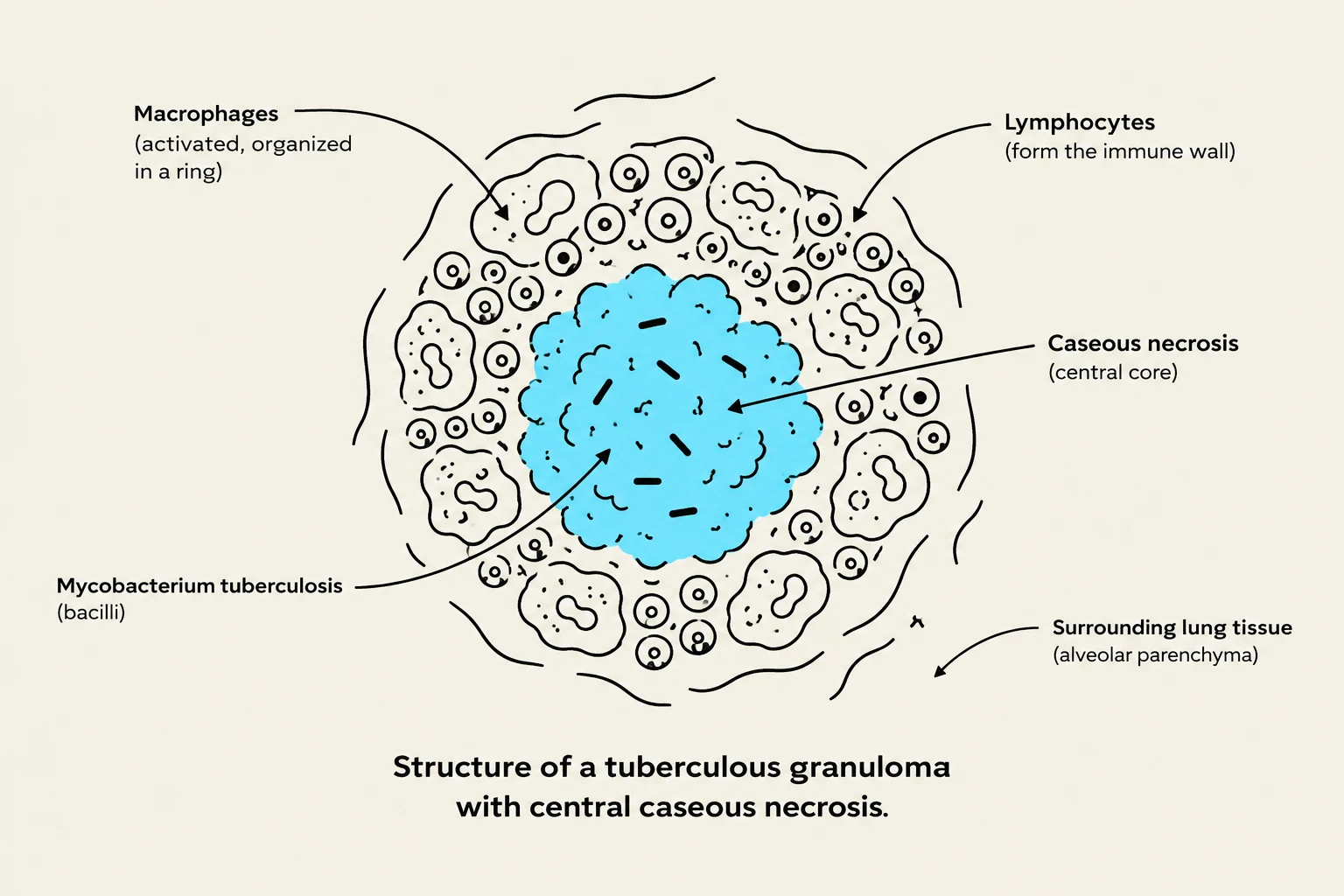 Diagram illustrating the structure of a tuberculous granuloma, showing macrophages, lymphocytes, caseous necrosis, Mycobacterium tuberculosis bacilli, and surrounding lung tissue.