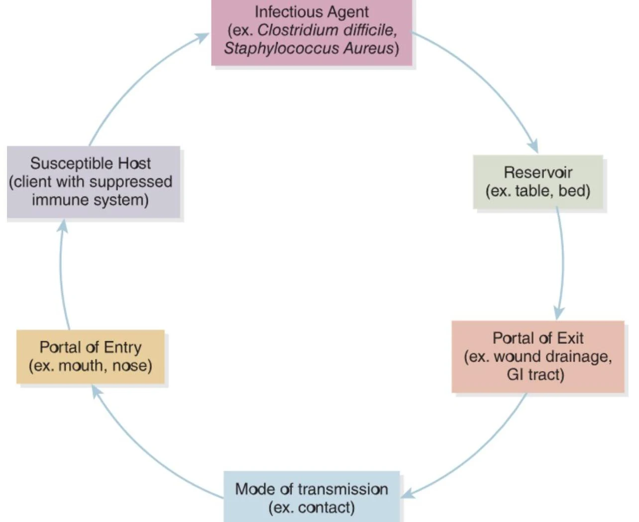 This diagram illustrates the chain of infection, a model used to understand how infectious diseases spread. It includes the infectious agent, reservoir, portal of exit, mode of transmission, portal of entry, and susceptible host.