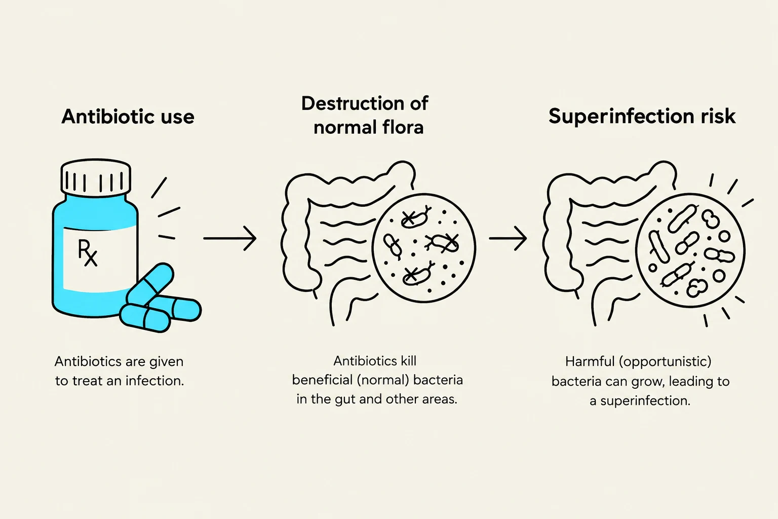 This diagram illustrates how antibiotic use can lead to the destruction of normal gut flora, increasing the risk of superinfection by harmful bacteria.