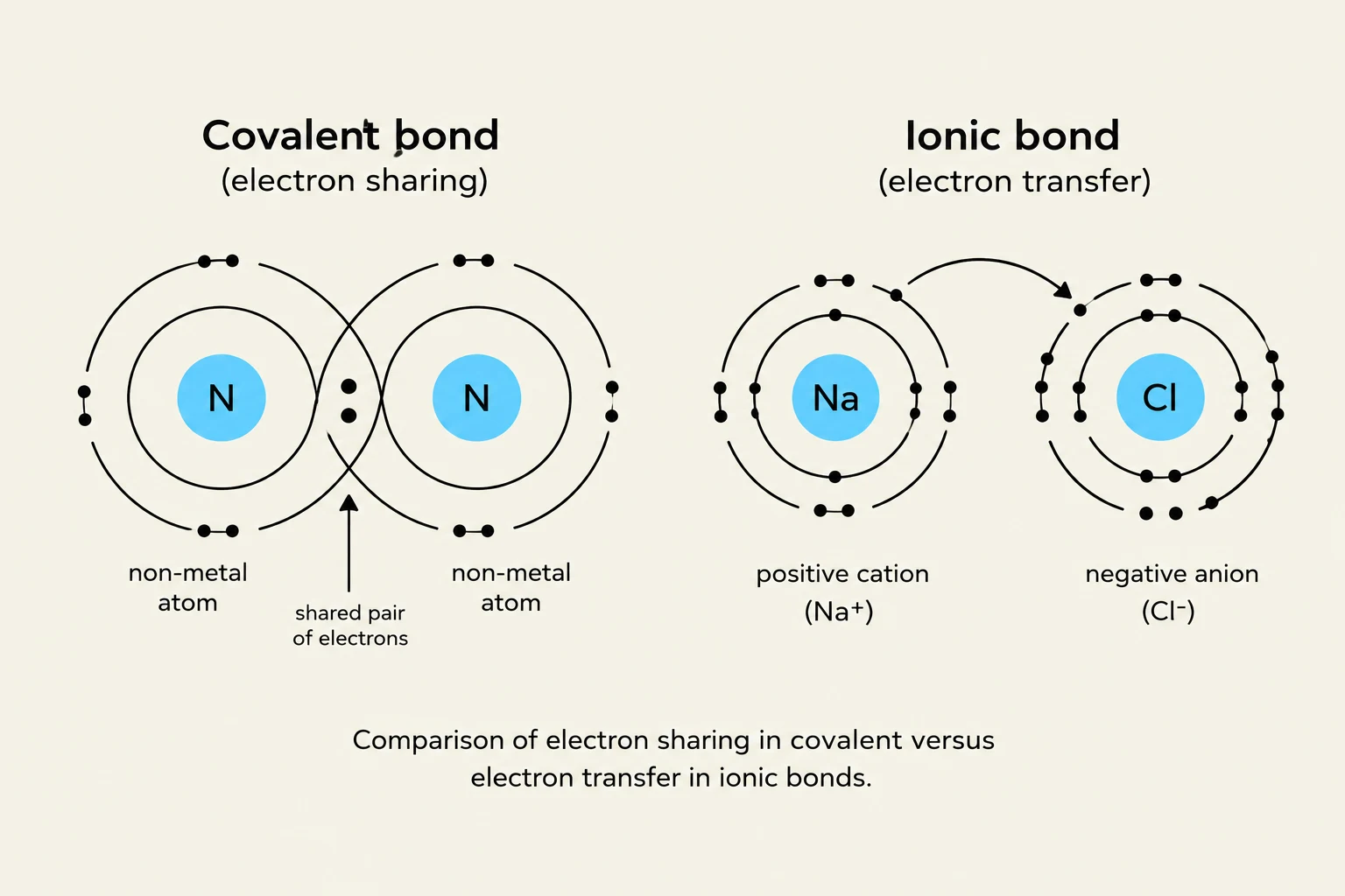 Comparison of electron sharing in covalent versus electron transfer in ionic bonds.