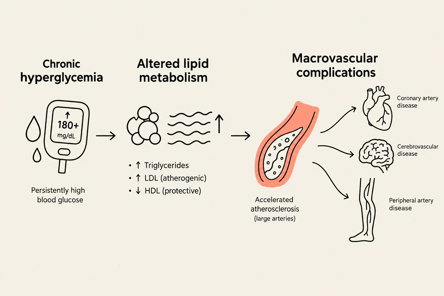 This diagram illustrates how chronic hyperglycemia can lead to altered lipid metabolism, resulting in accelerated atherosclerosis and subsequent macrovascular complications such as coronary artery disease, cerebrovascular disease, and peripheral artery disease.