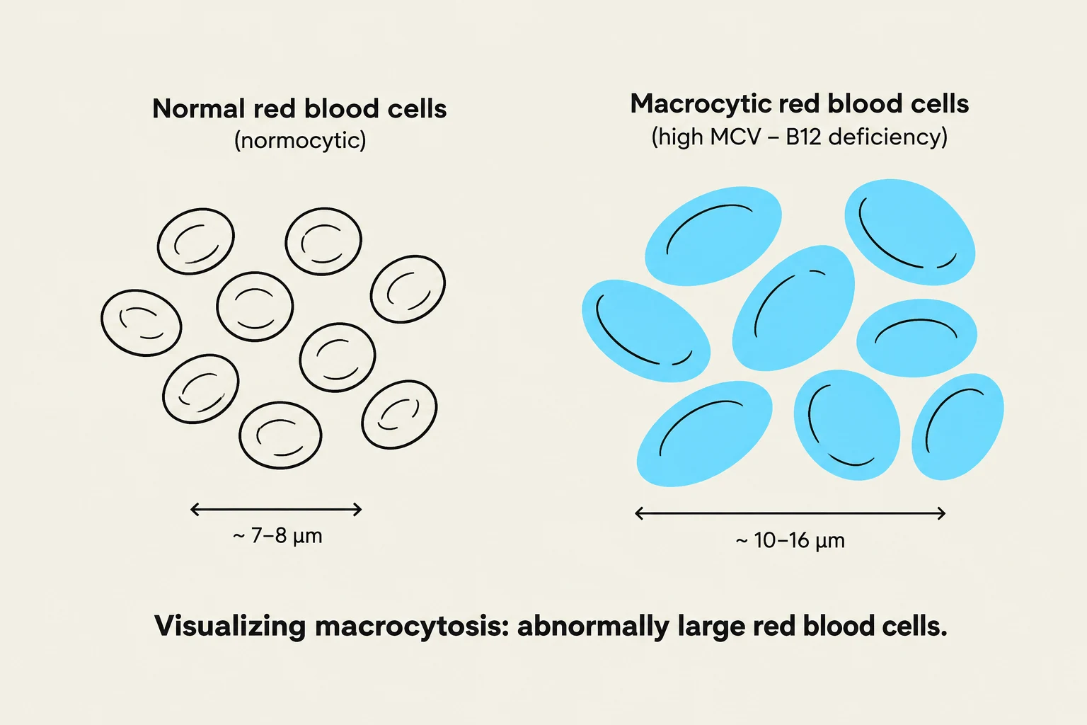 This illustration compares normal red blood cells (normocytic) with macrocytic red blood cells, which are abnormally large and can be associated with B12 deficiency.