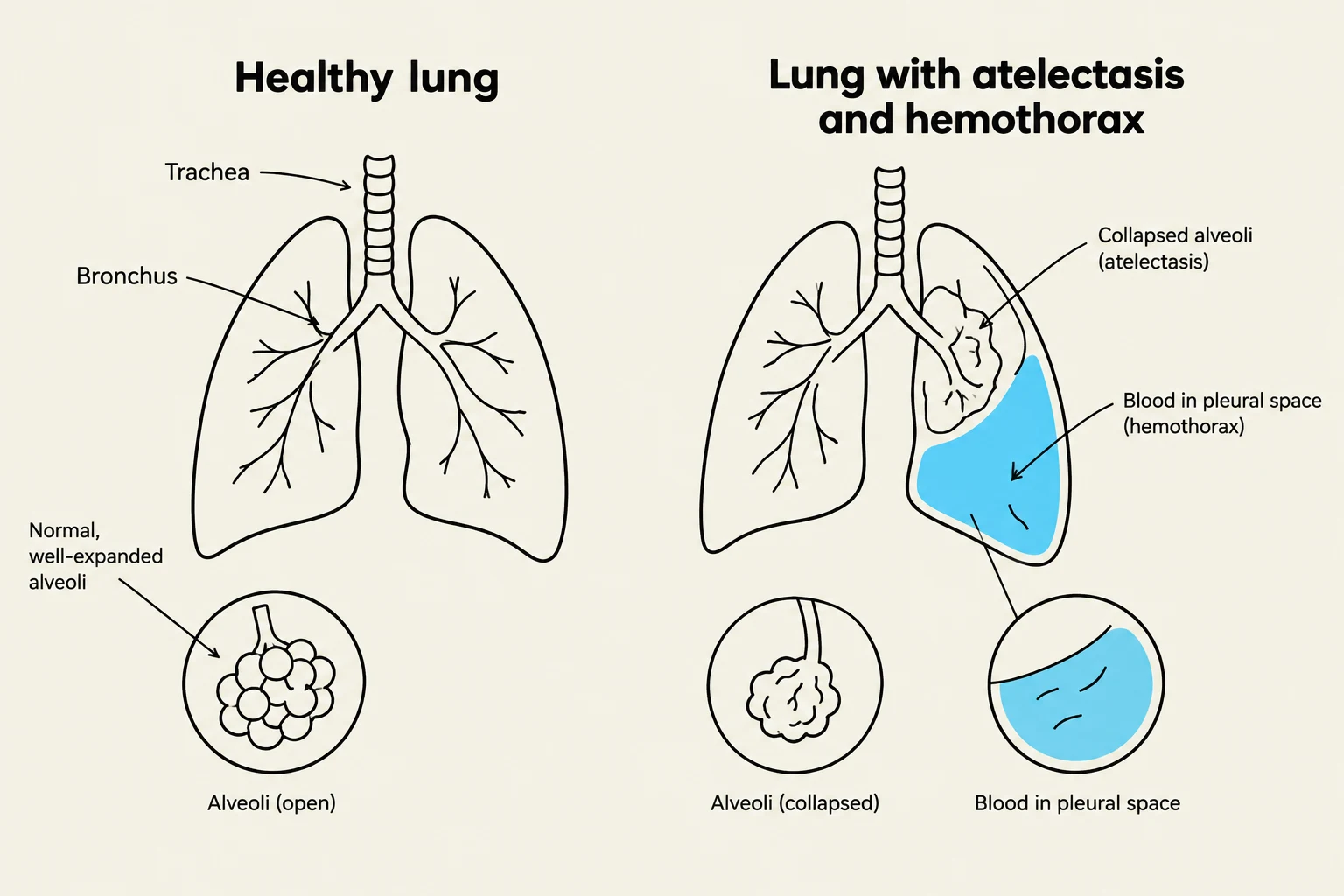 Diagram comparing a healthy lung with a lung affected by atelectasis and hemothorax, illustrating collapsed alveoli and blood in the pleural space.
