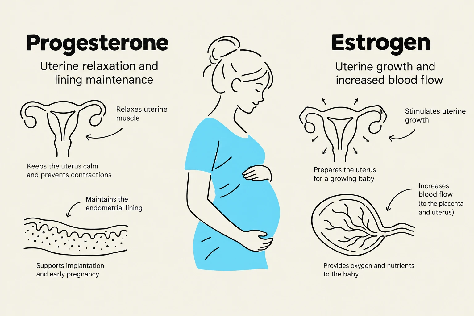 This illustration depicts the roles of progesterone and estrogen in pregnancy, including uterine relaxation, lining maintenance, growth stimulation, and nutrient supply to the fetus.