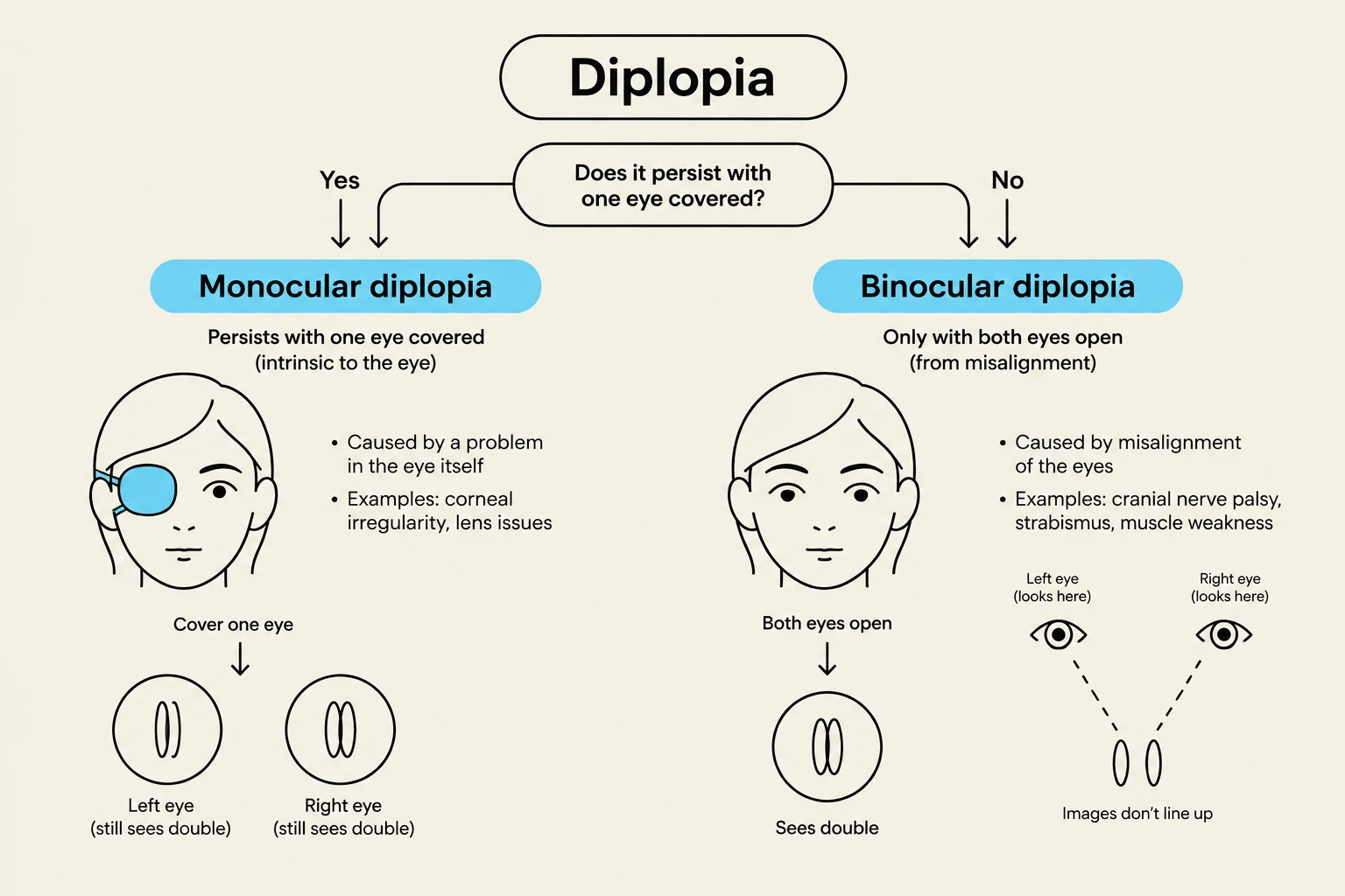 This diagram illustrates the two main types of diplopia: monocular, which persists when one eye is covered, and binocular, which occurs only when both eyes are open due to misalignment.