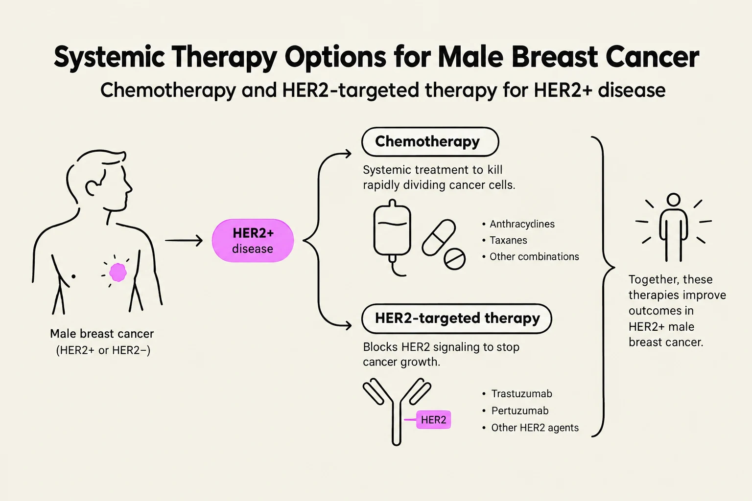 This diagram illustrates systemic therapy options for male breast cancer, specifically chemotherapy and HER2-targeted therapy for HER2+ disease.