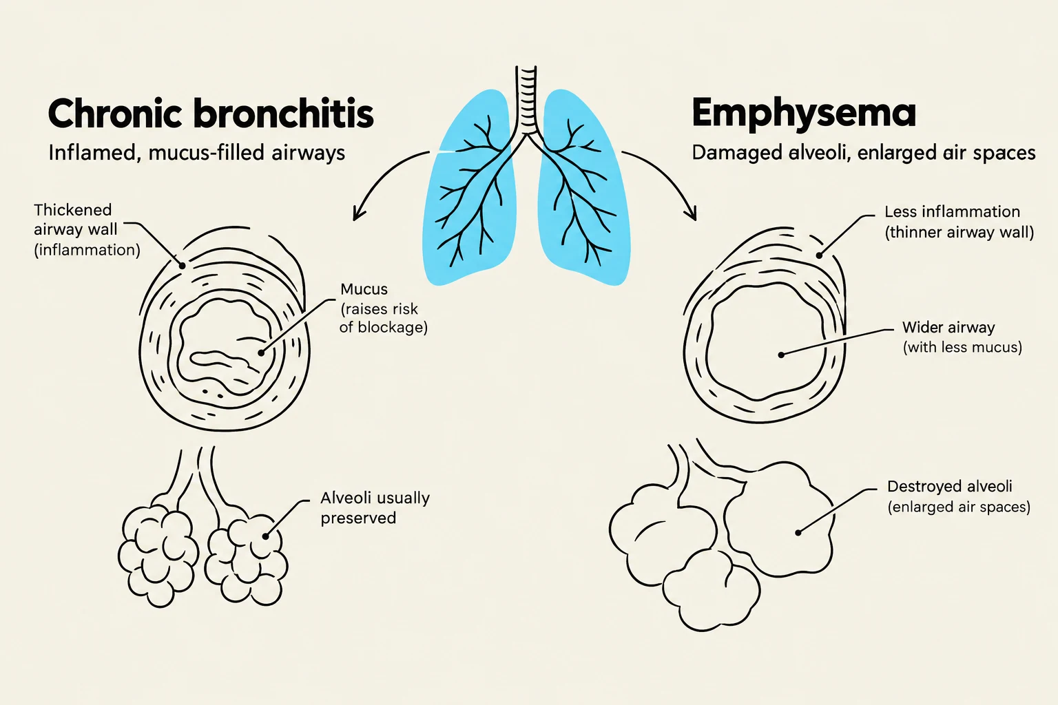 This illustration compares chronic bronchitis and emphysema, showing the effects on airways and alveoli.