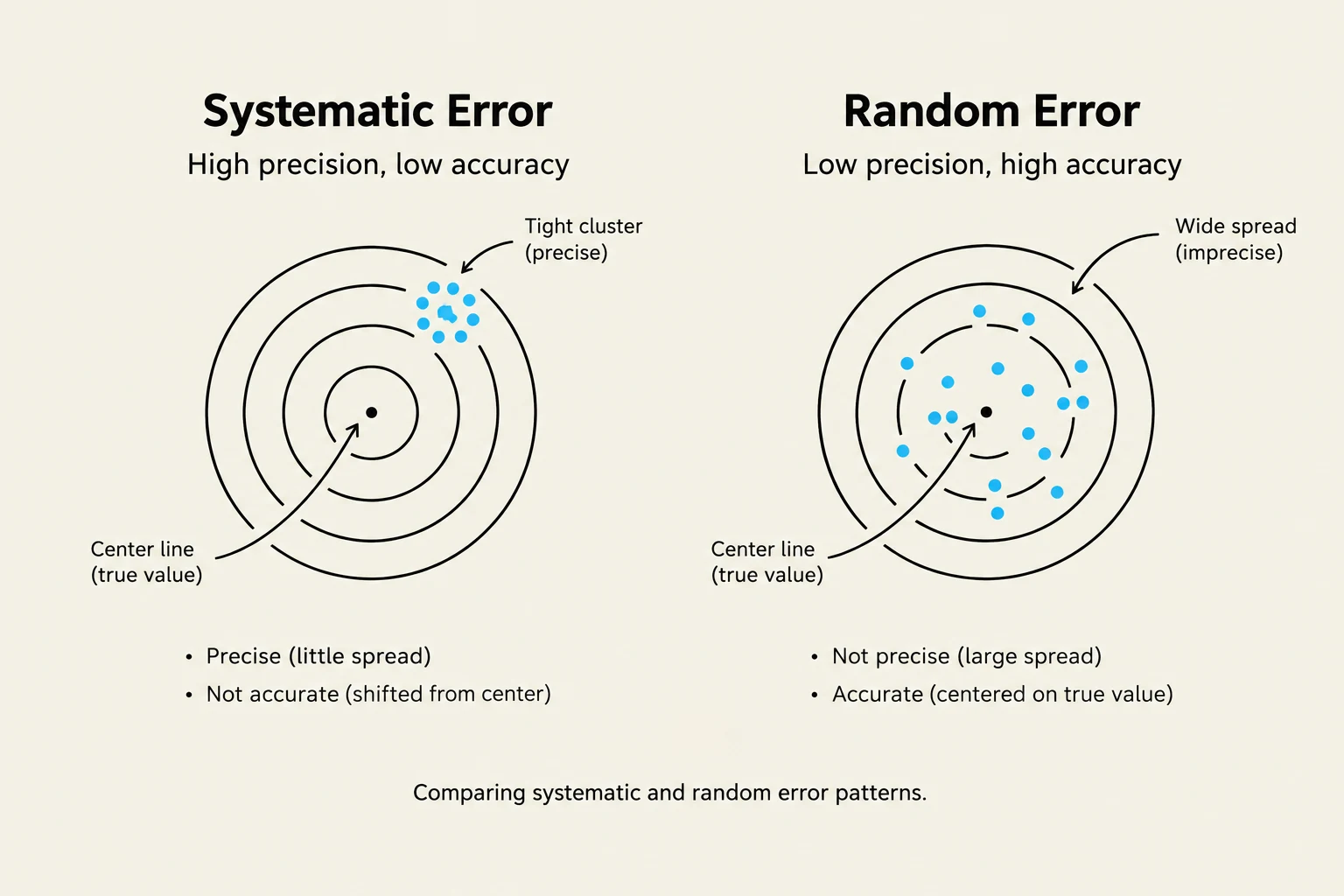 This diagram illustrates the difference between systematic and random error patterns, showing how precision and accuracy relate to each. Systematic error is characterized by high precision but low accuracy, meaning measurements are clustered tightly but off the true value. Random error, conversely, shows low precision but high accuracy, with measurements spread out but centered around the true value.