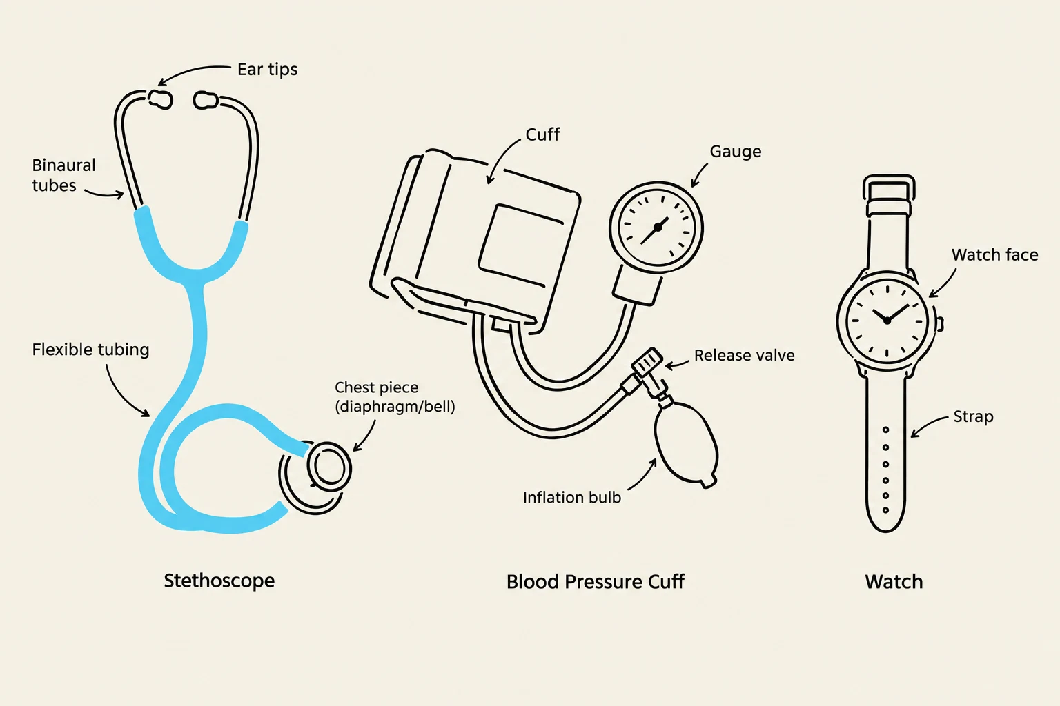 Diagrams of a stethoscope, a blood pressure cuff, and a watch, with their parts labeled.