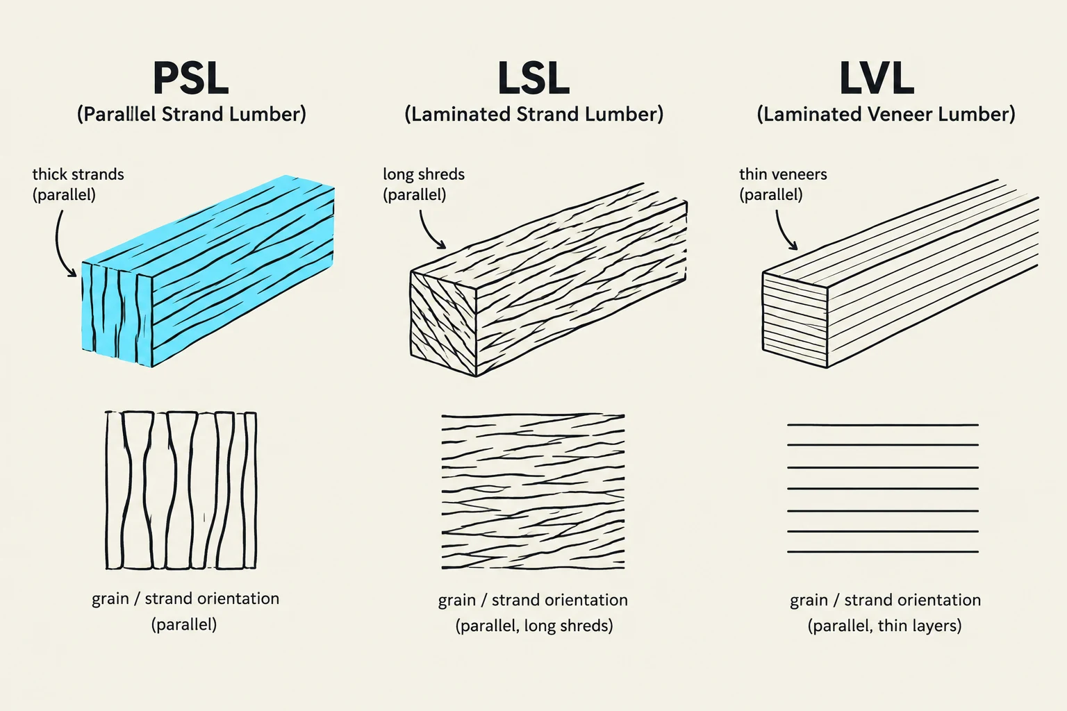 Diagrams illustrating the structure of Parallel Strand Lumber (PSL), Laminated Strand Lumber (LSL), and Laminated Veneer Lumber (LVL), showing the orientation of wood strands or veneers.