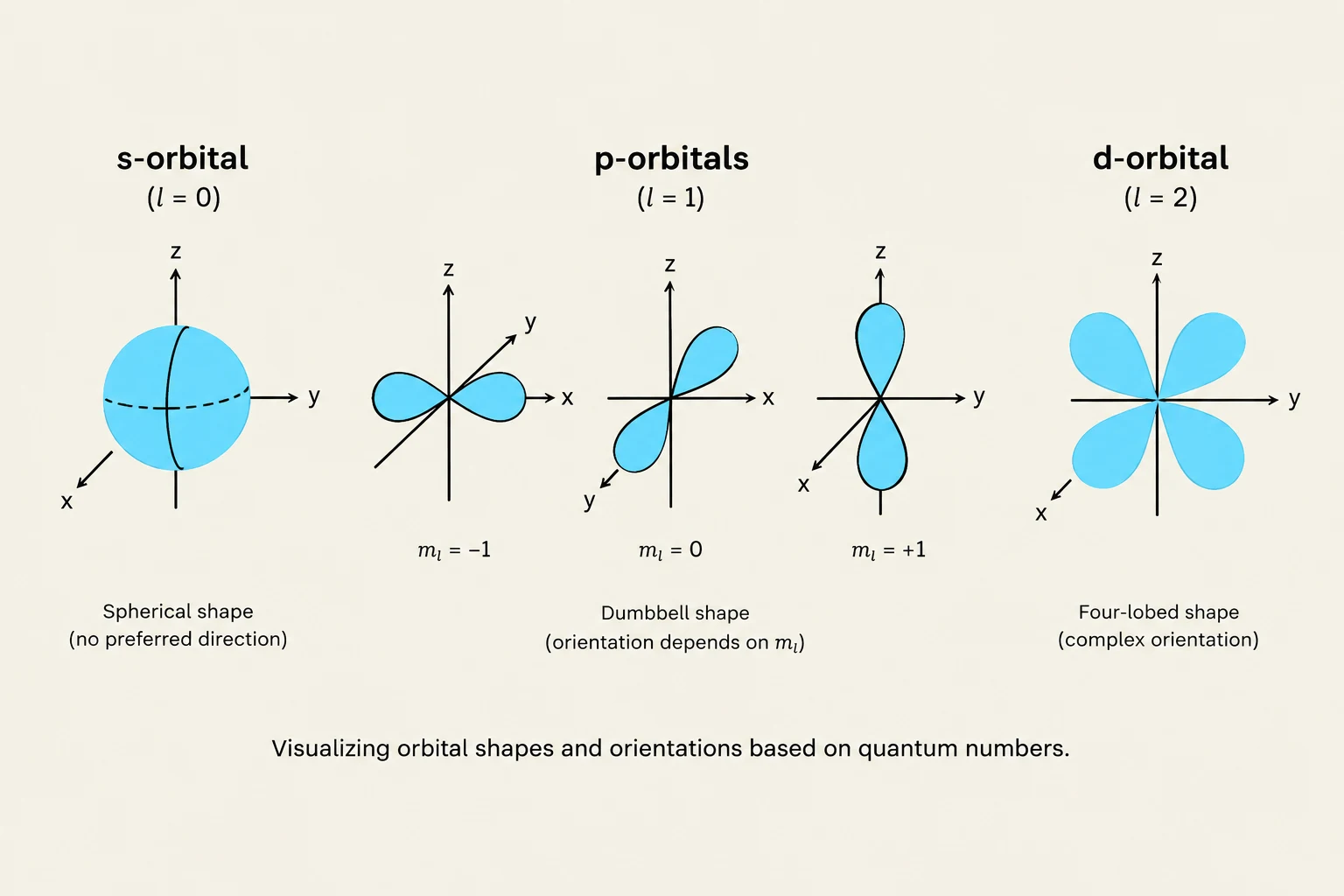 This illustration displays the shapes and orientations of s, p, and d atomic orbitals, which are determined by quantum numbers.