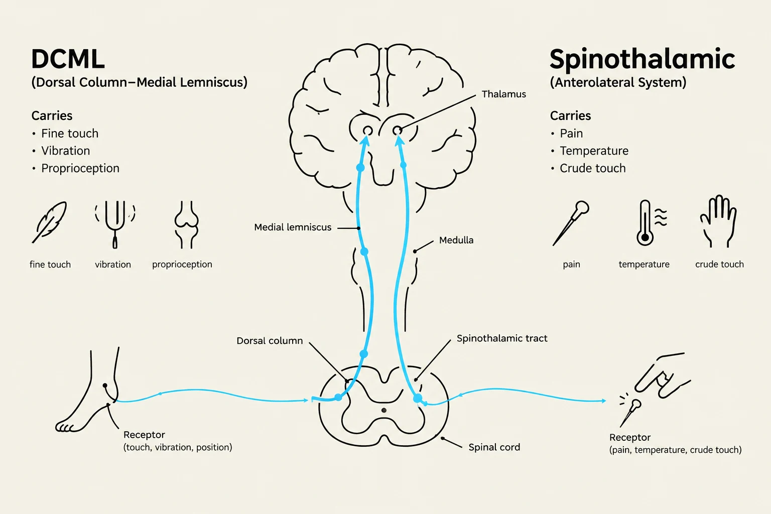 This diagram illustrates the pathways of the Dorsal Column-Medial Lemniscus (DCML) and Spinothalamic tracts in the human nervous system, detailing the types of sensory information they carry, such as fine touch, vibration, proprioception, pain, temperature, and crude touch.