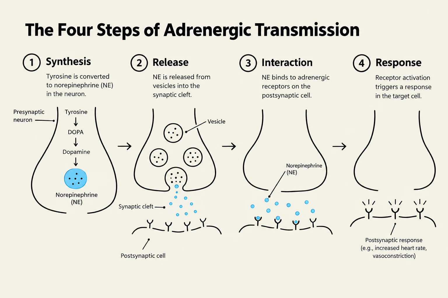 Diagram illustrating the four steps of adrenergic transmission: synthesis, release, interaction, and response, detailing the process of neurotransmitter release and receptor activation at a synapse.