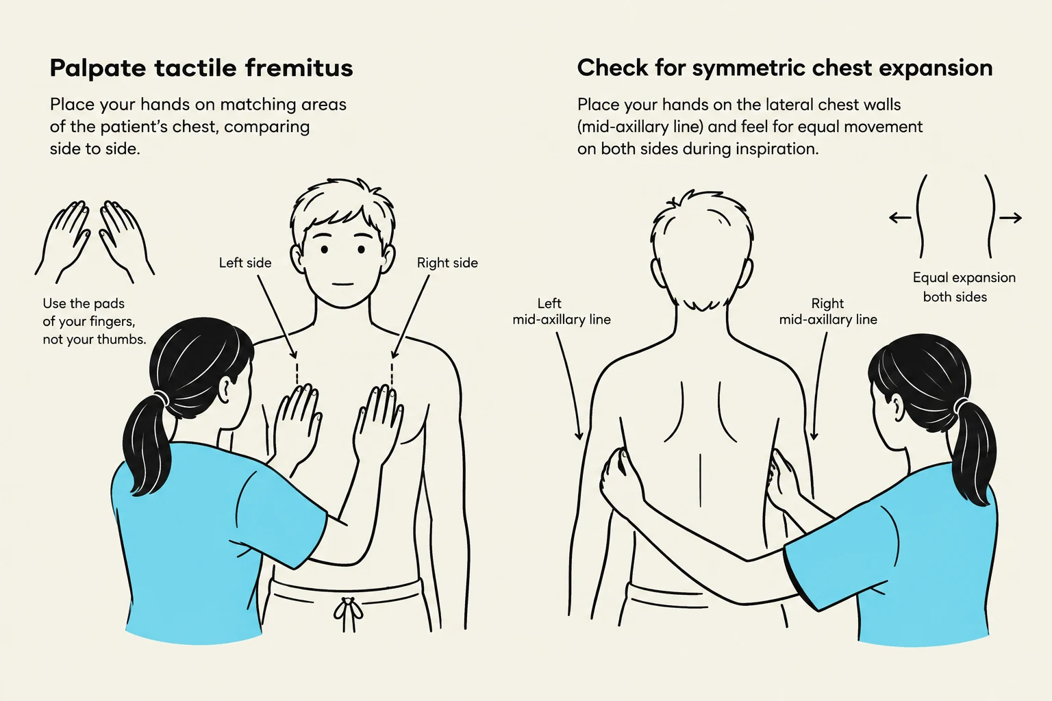 This illustration demonstrates two physical examination techniques: palpating tactile fremitus and checking for symmetric chest expansion. Tactile fremitus is assessed by placing hands on the chest to feel vibrations, while chest expansion is evaluated by placing hands on the lateral chest walls to observe equal movement during inspiration.