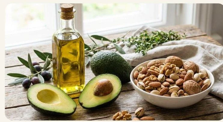 A selection of healthy fats including olive oil, avocados, and various nuts.