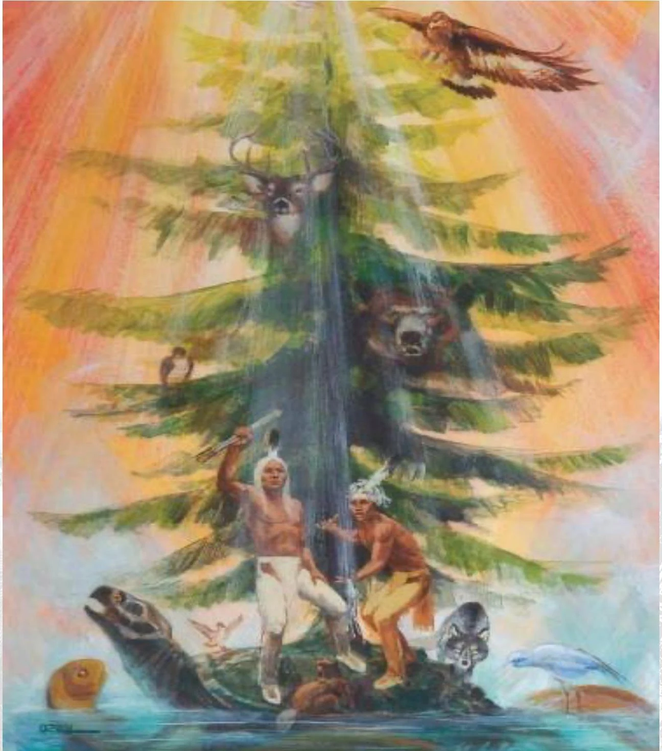 An illustration depicting indigenous people, various animals, and a tree, possibly representing a connection to nature or a creation story.