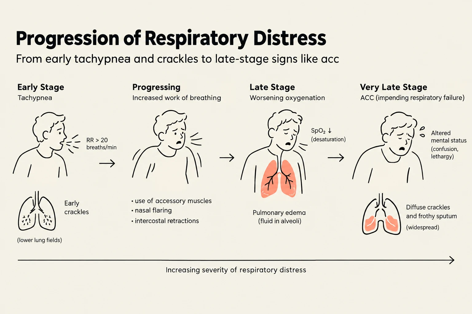This diagram illustrates the progression of respiratory distress, detailing the signs and symptoms associated with each stage from early tachypnea to very late stage respiratory failure.