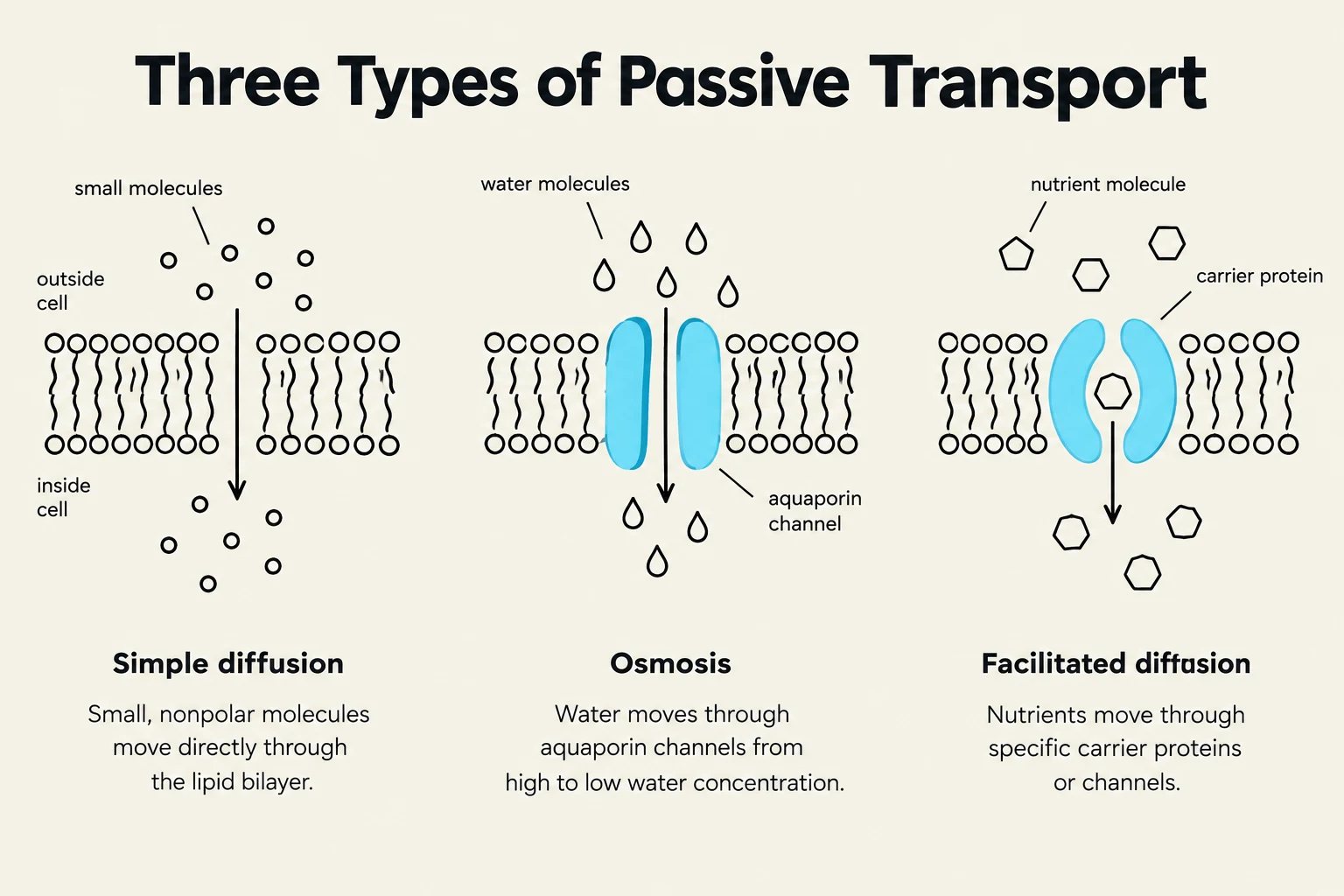 Diagram illustrating the three types of passive transport: simple diffusion, osmosis, and facilitated diffusion, showing how molecules move across a cell membrane.