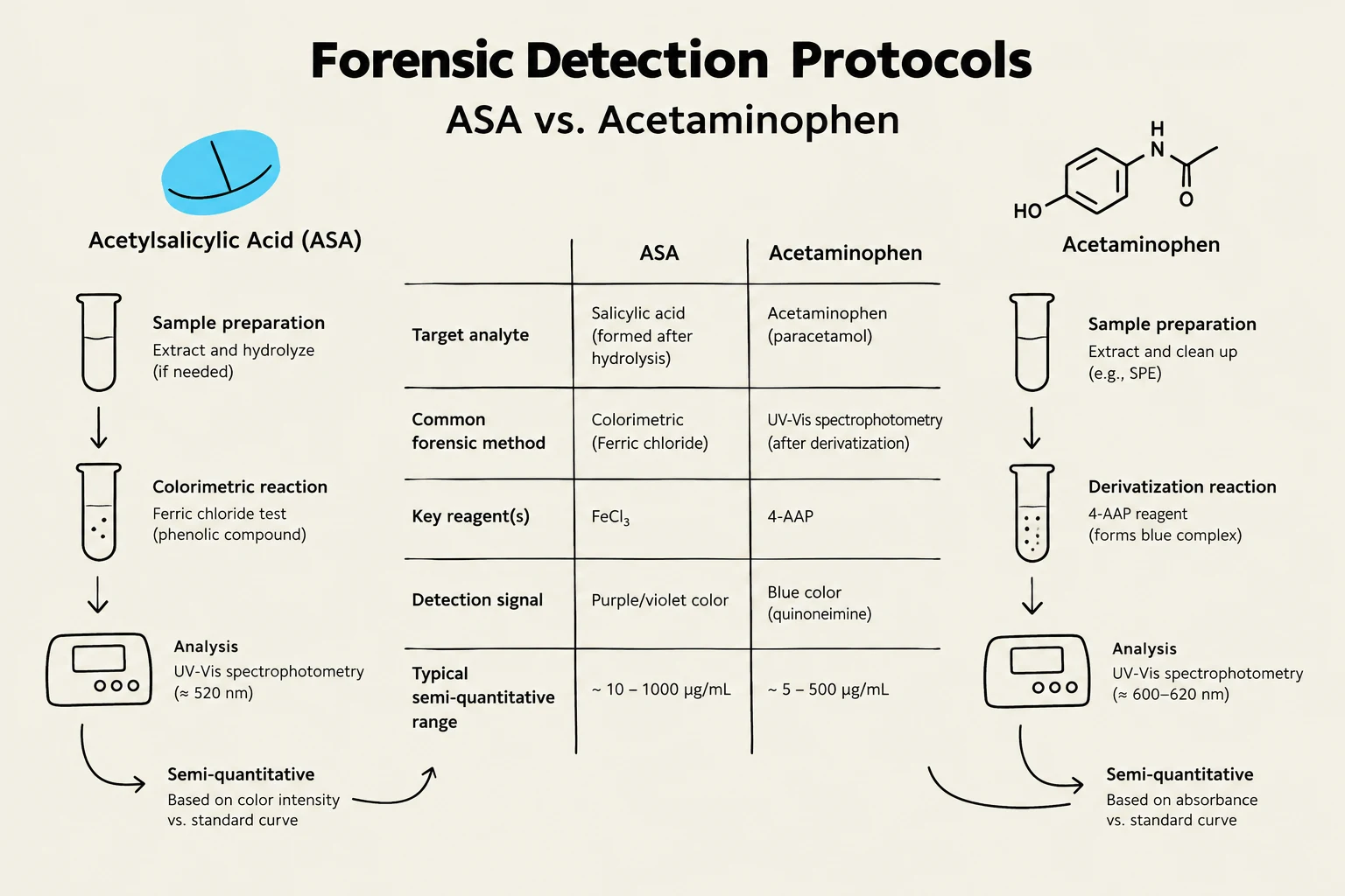 This diagram illustrates the forensic detection protocols for Acetylsalicylic Acid (ASA) and Acetaminophen, comparing their target analytes, common forensic methods, key reagents, detection signals, and typical semi-quantitative ranges.