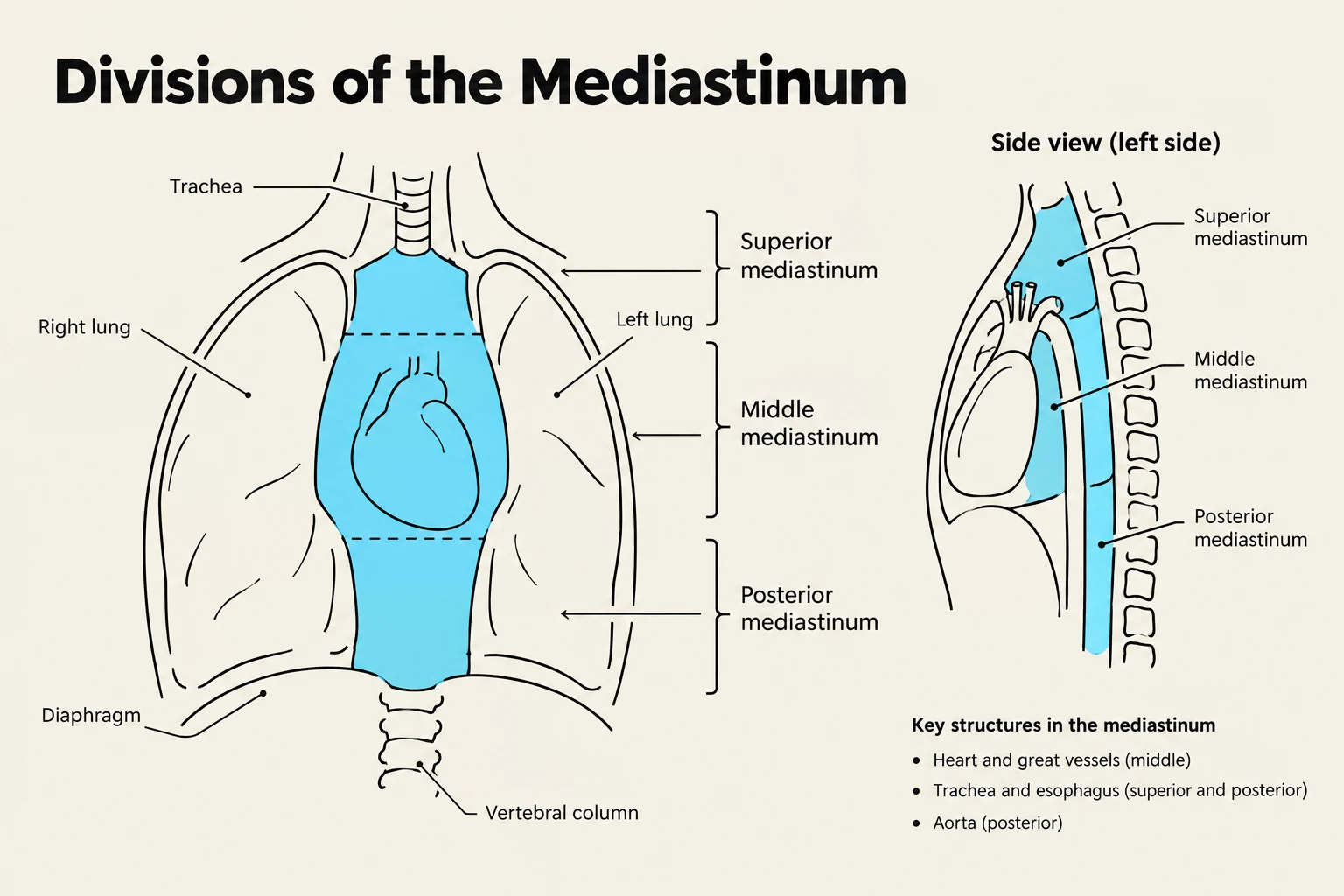 Diagram illustrating the divisions of the mediastinum, including the superior, middle, and posterior regions, with key structures labeled.