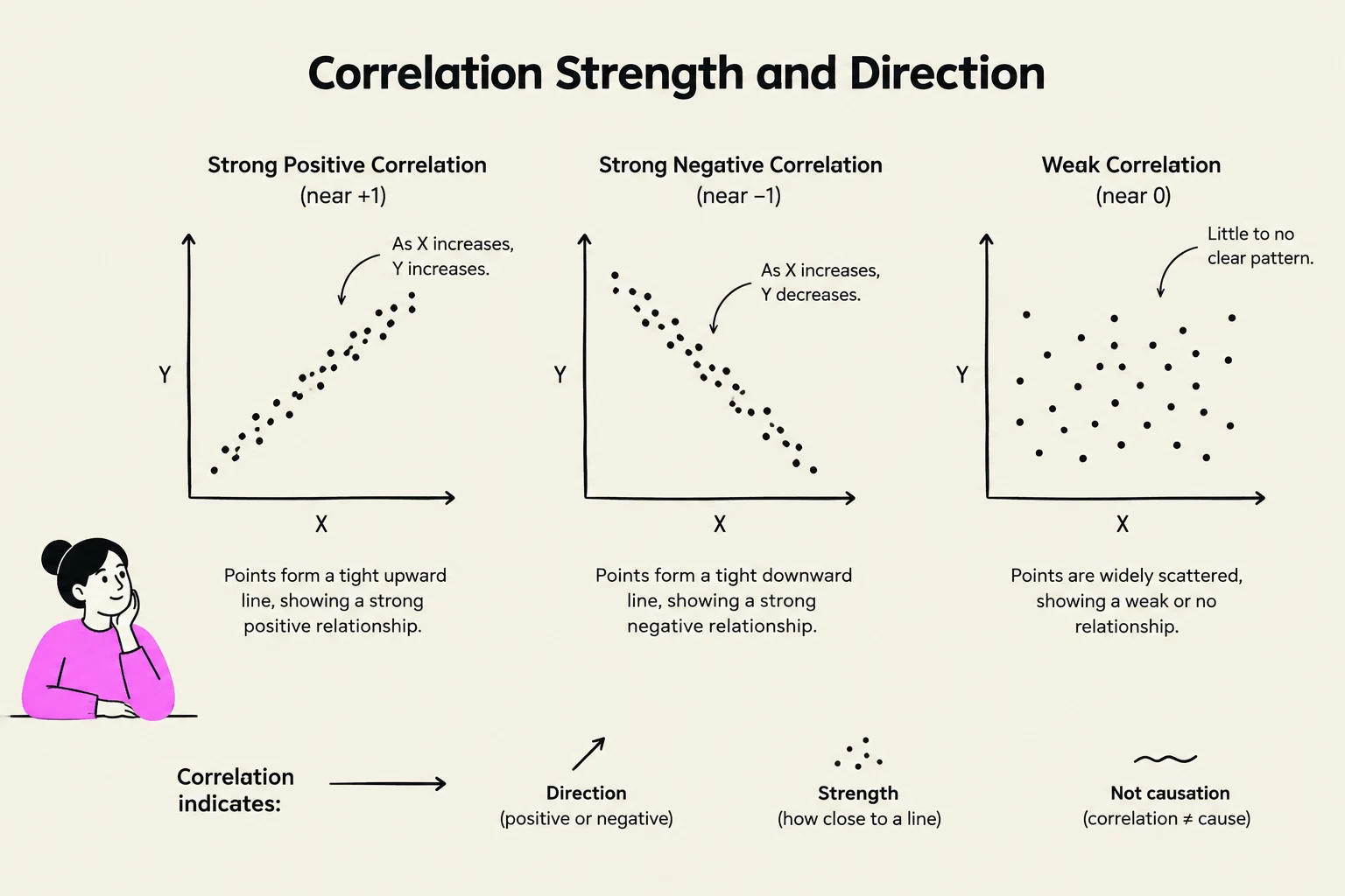 This illustration explains correlation strength and direction using scatter plots. It shows strong positive, strong negative, and weak correlations, along with the concepts of direction, strength, and the distinction between correlation and causation.