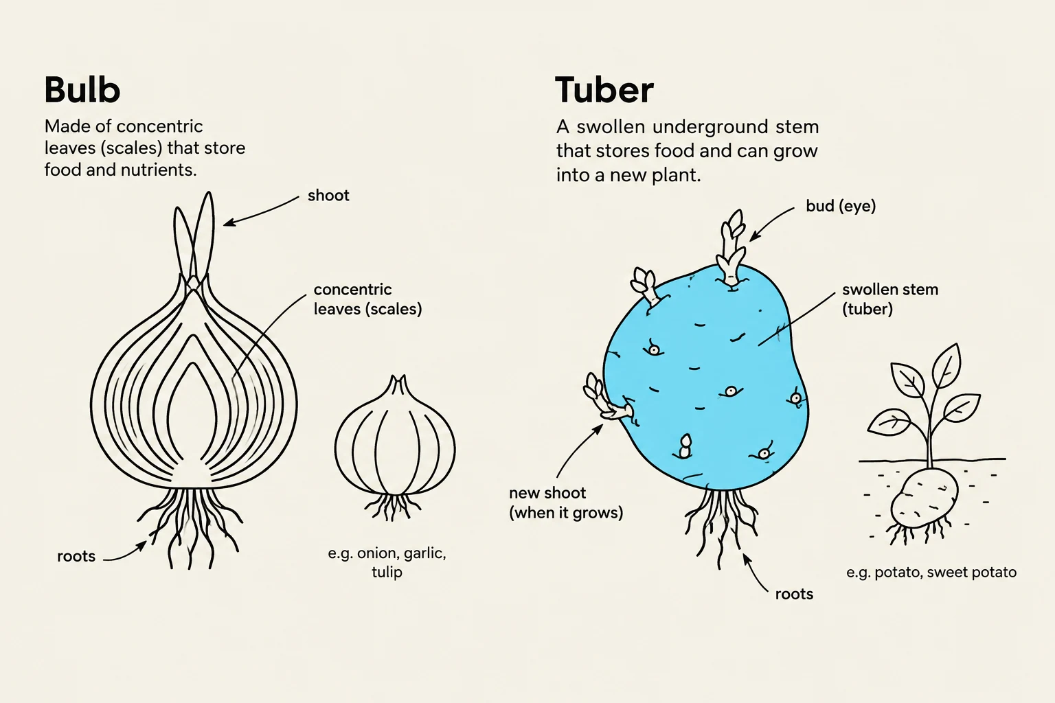 Diagrams illustrating the botanical structures of bulbs and tubers, with examples like onions and potatoes.