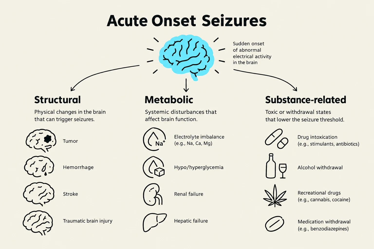This diagram illustrates the various causes of acute onset seizures, categorized into structural, metabolic, and substance-related factors.