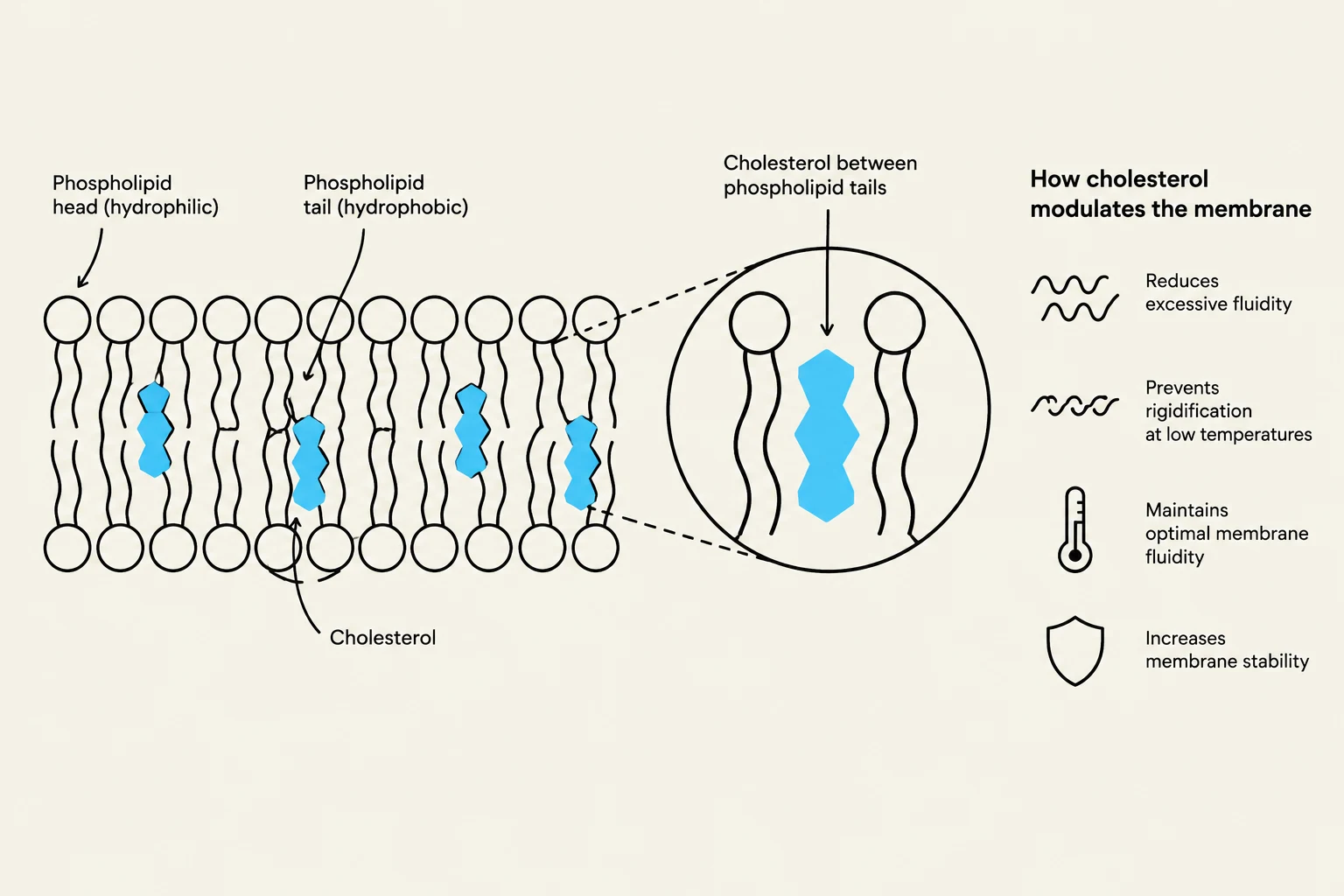 This diagram illustrates how cholesterol modulates the cell membrane by interacting with phospholipid tails. It shows that cholesterol reduces excessive fluidity, prevents rigidification at low temperatures, maintains optimal membrane fluidity, and increases membrane stability.