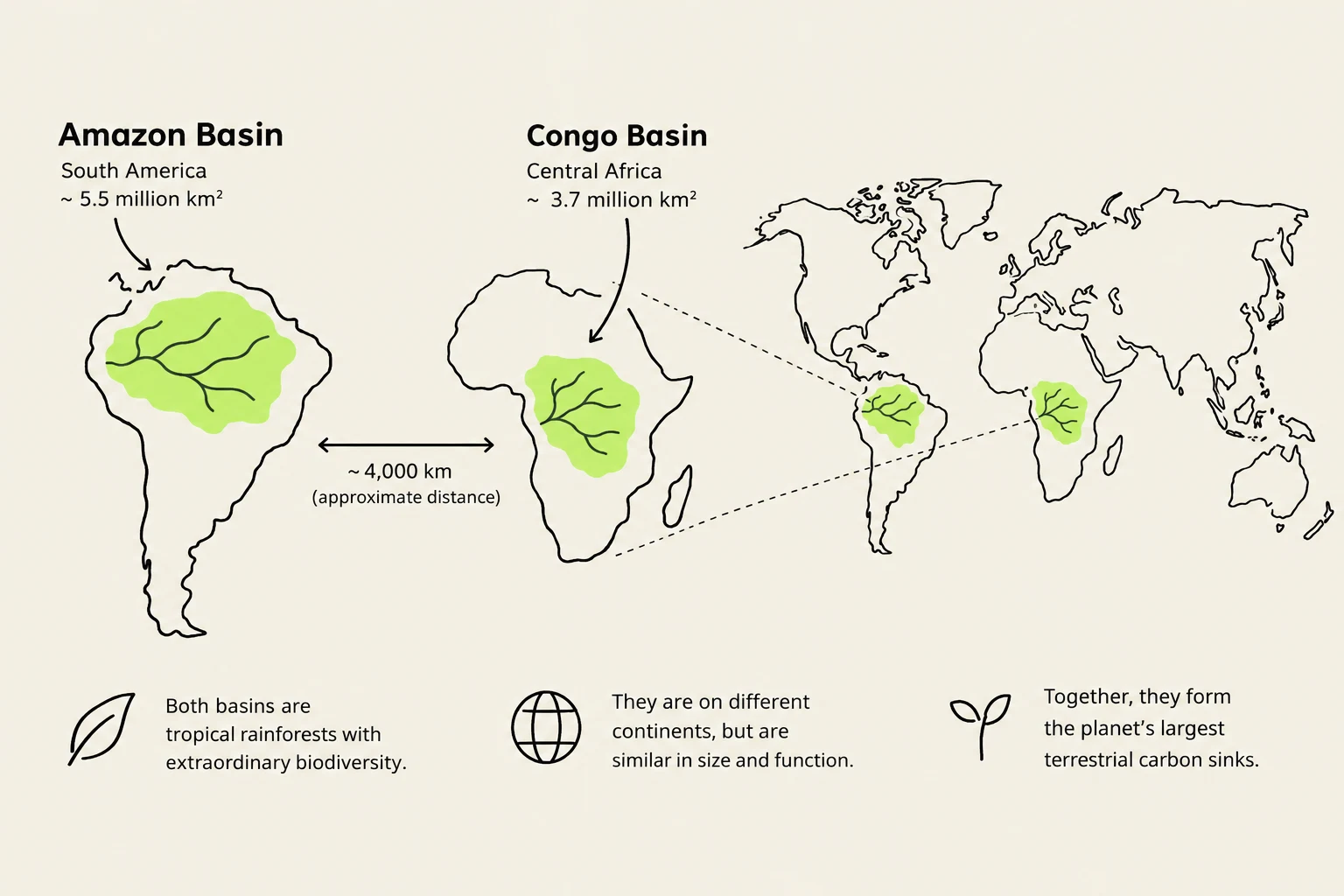 The Amazon and Congo Basins are large tropical rainforests on different continents that are similar in size and function, forming the planet's largest terrestrial carbon sinks.