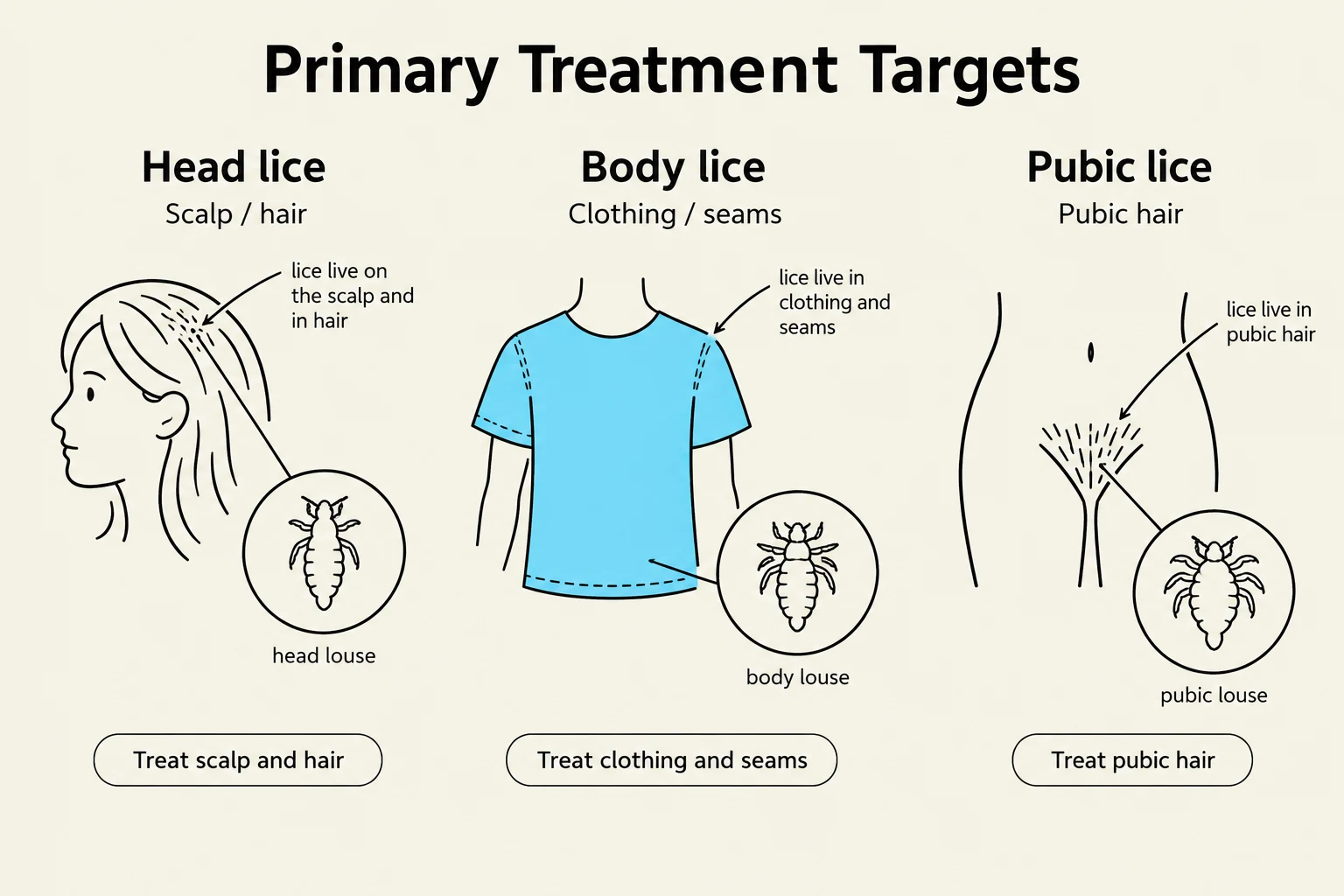 This illustration shows the primary treatment targets for head lice, body lice, and pubic lice, indicating where each type of louse lives and the recommended treatment areas.