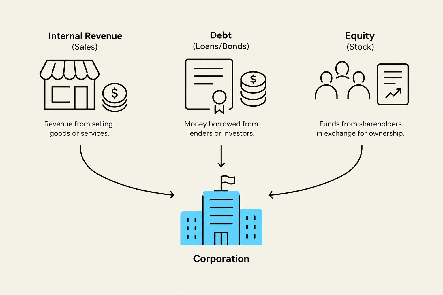 This diagram illustrates the three primary sources of funding for a corporation: internal revenue from sales, debt from loans or bonds, and equity from shareholders.