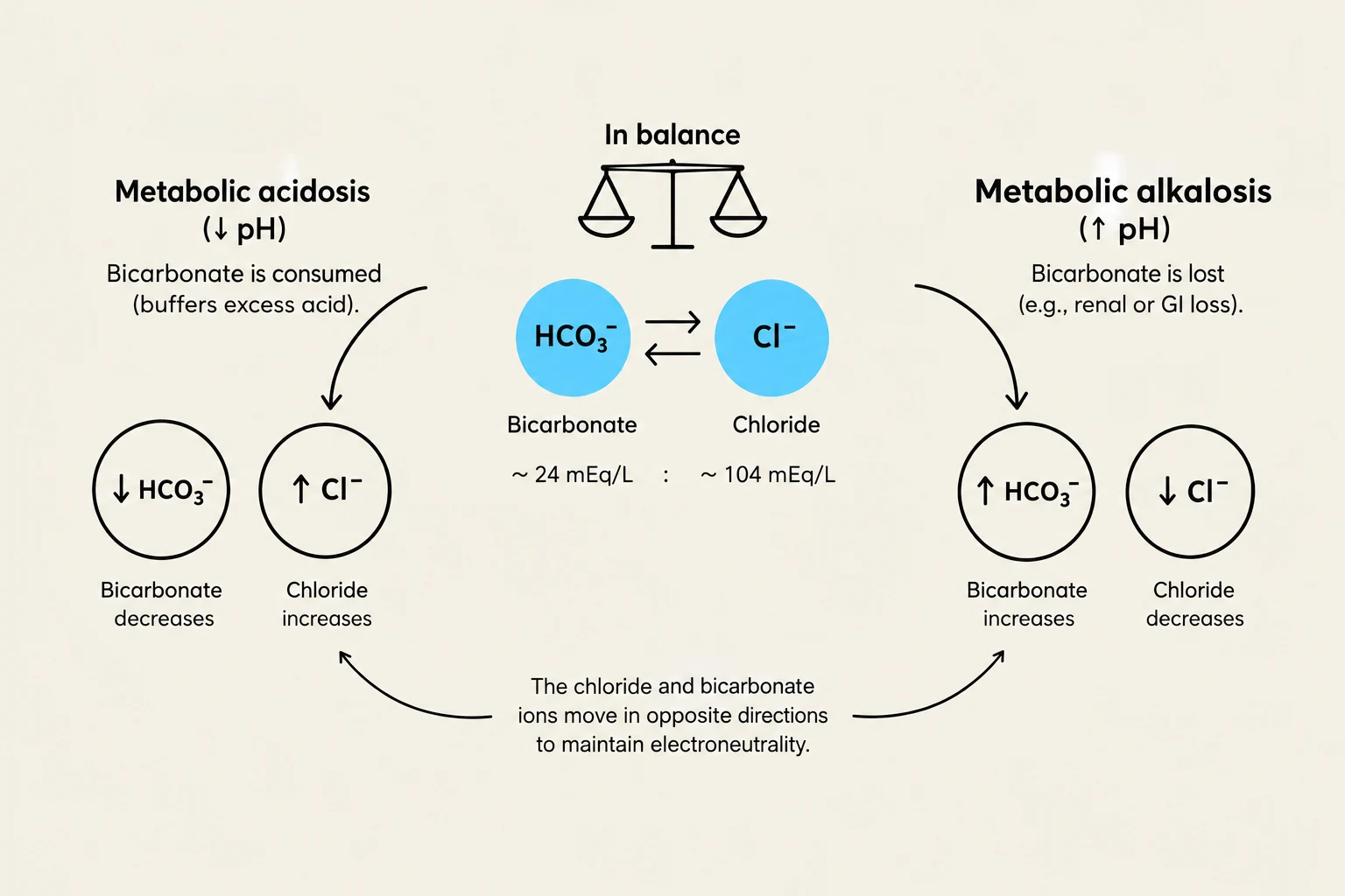 This diagram illustrates the concepts of metabolic acidosis and metabolic alkalosis, showing the inverse relationship between bicarbonate and chloride ions in maintaining electroneutrality.