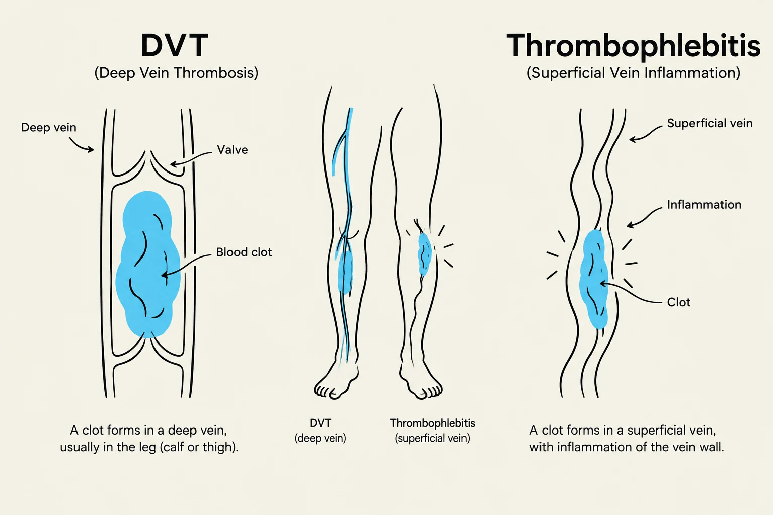 Diagrams illustrating Deep Vein Thrombosis (DVT) and Thrombophlebitis, showing blood clots in deep and superficial veins respectively, along with inflammation in the latter.