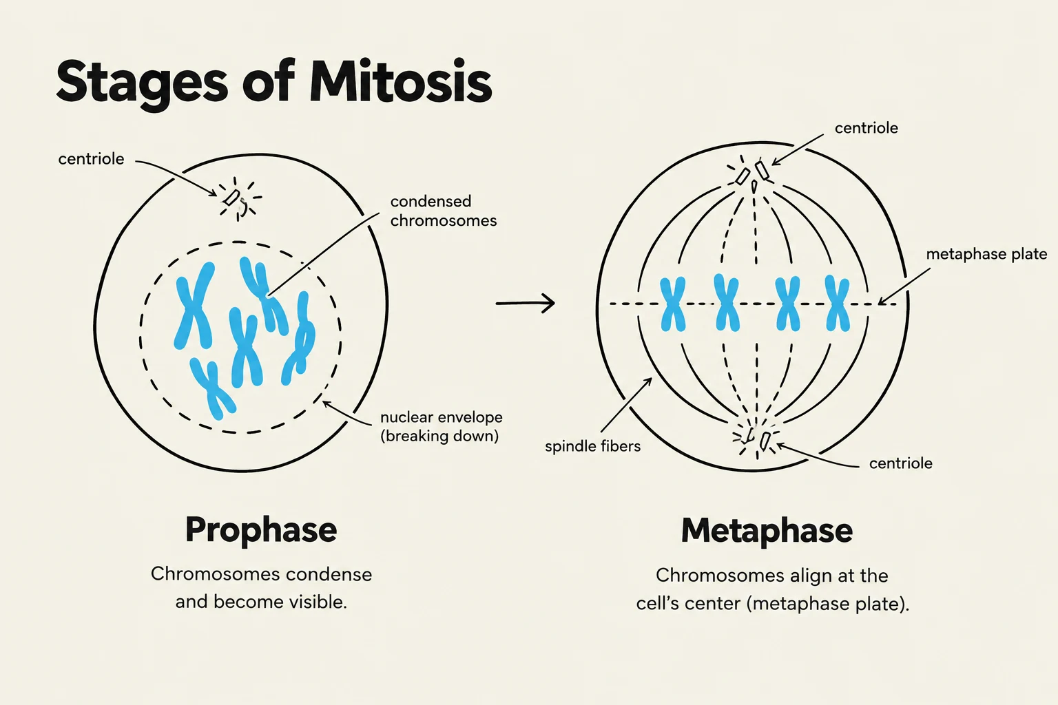 Diagram illustrating the Prophase and Metaphase stages of mitosis, showing chromosome condensation and alignment at the metaphase plate.