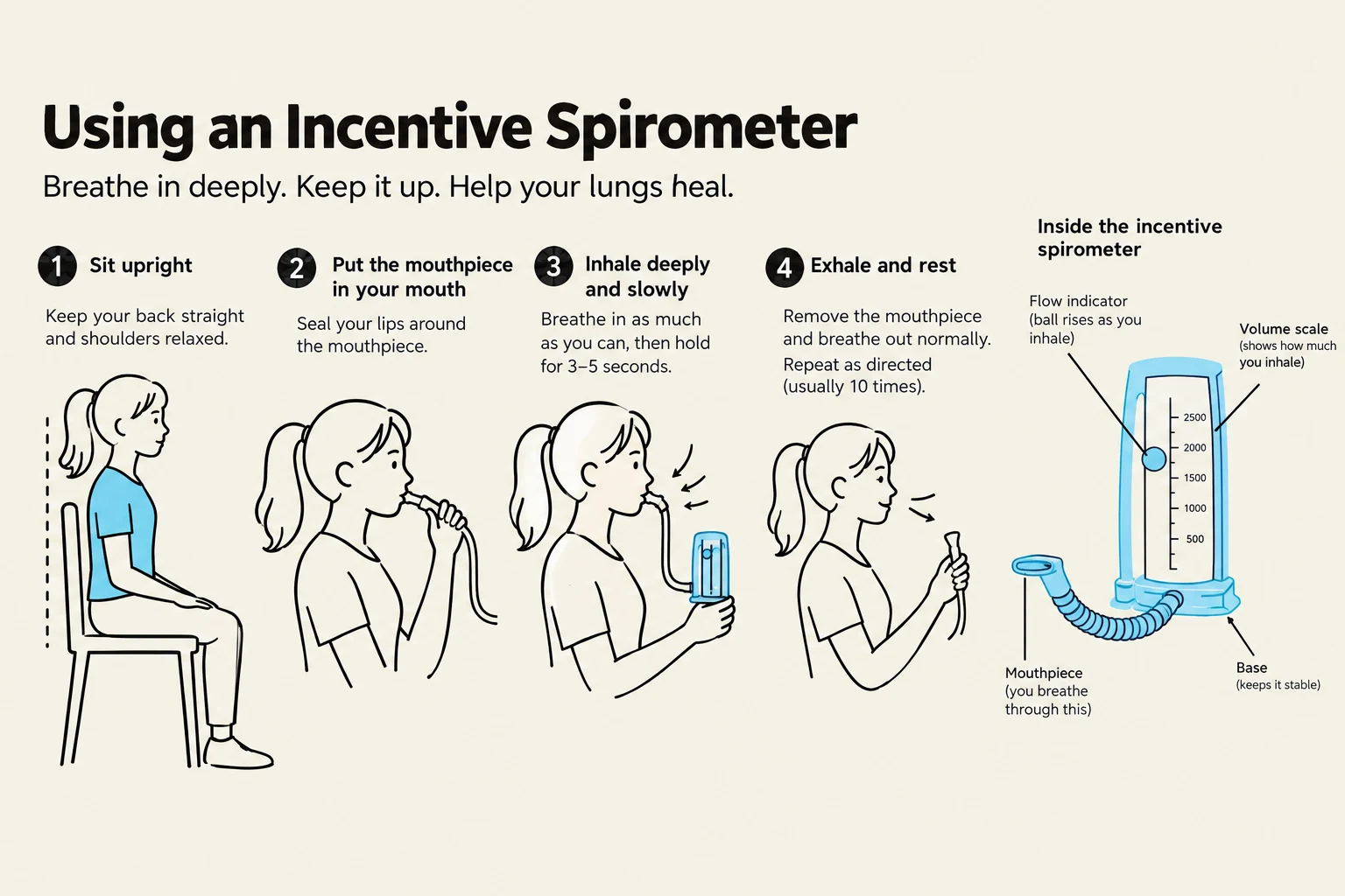 Instructions on how to use an incentive spirometer, including sitting upright, placing the mouthpiece, inhaling deeply, and exhaling. The diagram also labels the parts of the spirometer: mouthpiece, flow indicator, volume scale, and base.