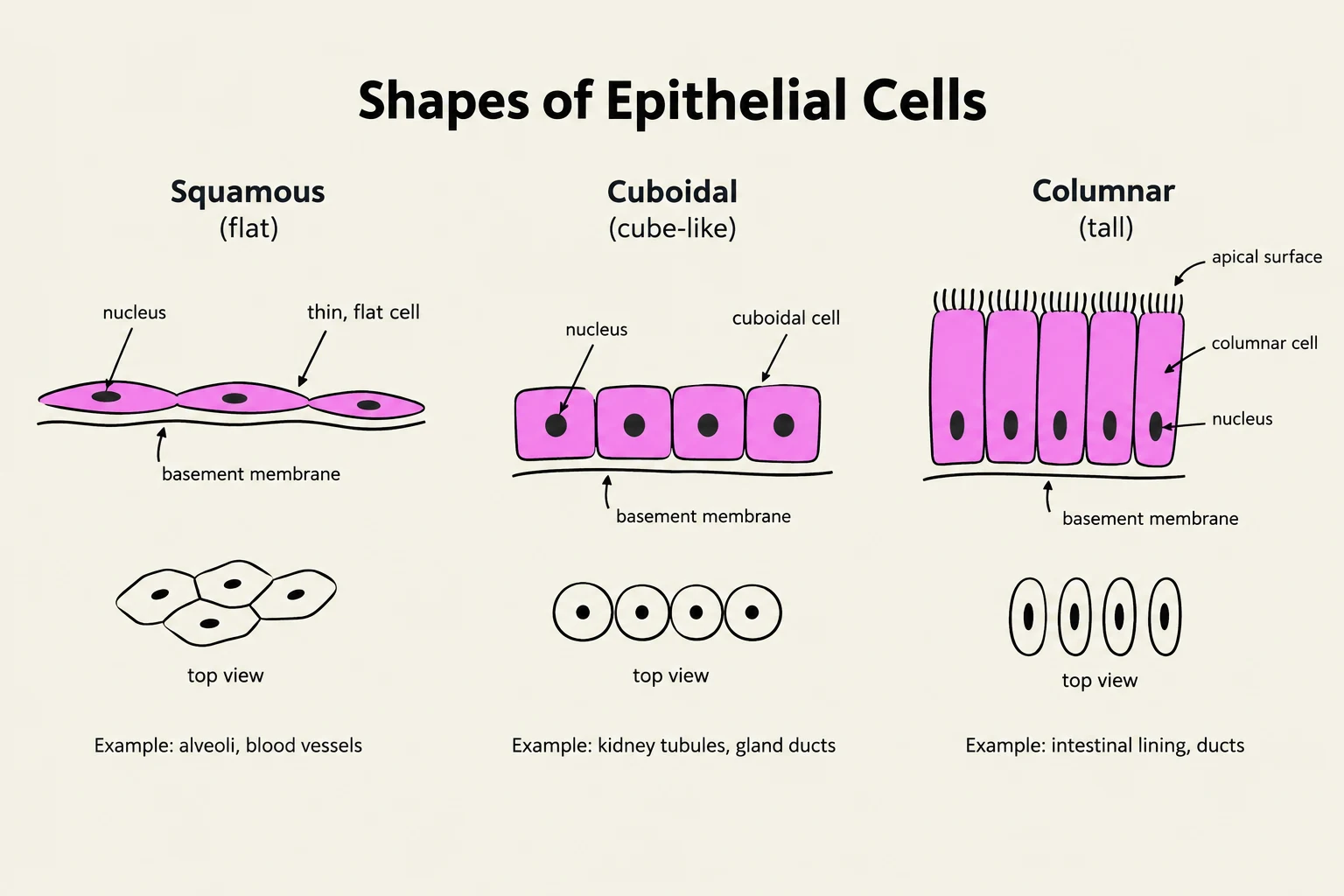 Diagram illustrating the three main shapes of epithelial cells: squamous (flat), cuboidal (cube-like), and columnar (tall), with examples of their locations in the body.