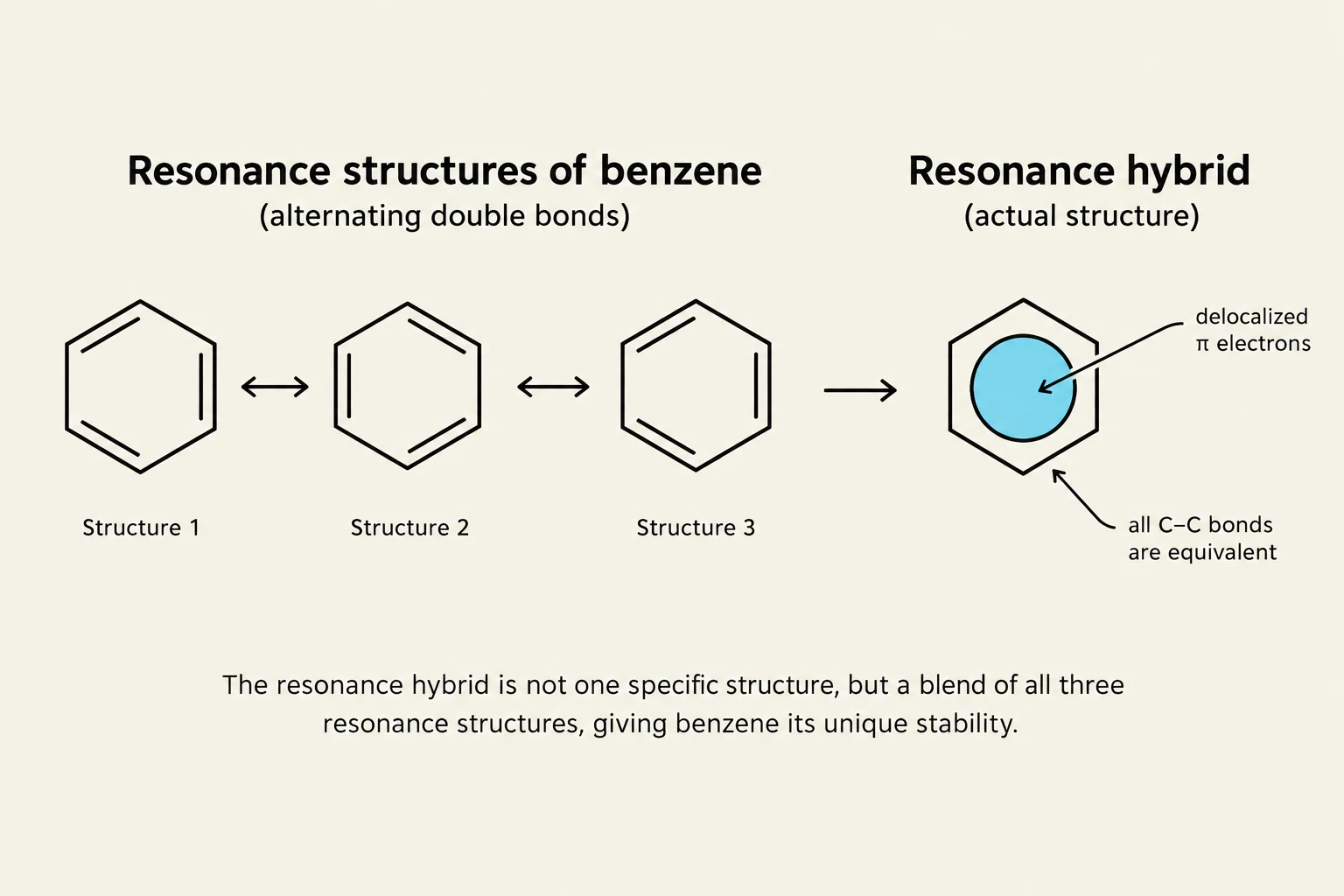 This diagram illustrates the resonance structures of benzene, showing how alternating double bonds contribute to the resonance hybrid, which represents the actual structure with delocalized pi electrons and equivalent C-C bonds, giving benzene its stability.
