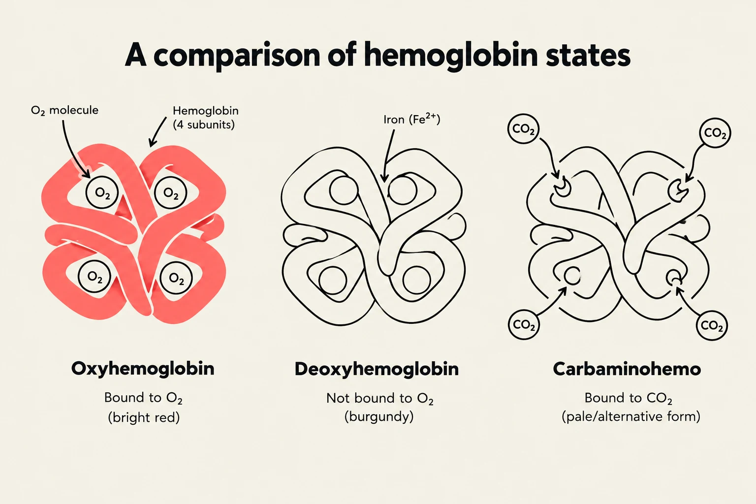 A comparison of the three states of hemoglobin: oxyhemoglobin (bound to O2), deoxyhemoglobin (not bound to O2), and carbaminohemoglobin (bound to CO2).