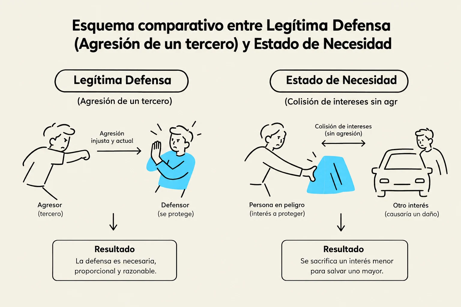Comparative diagram of self-defense (aggression by a third party) and state of necessity.