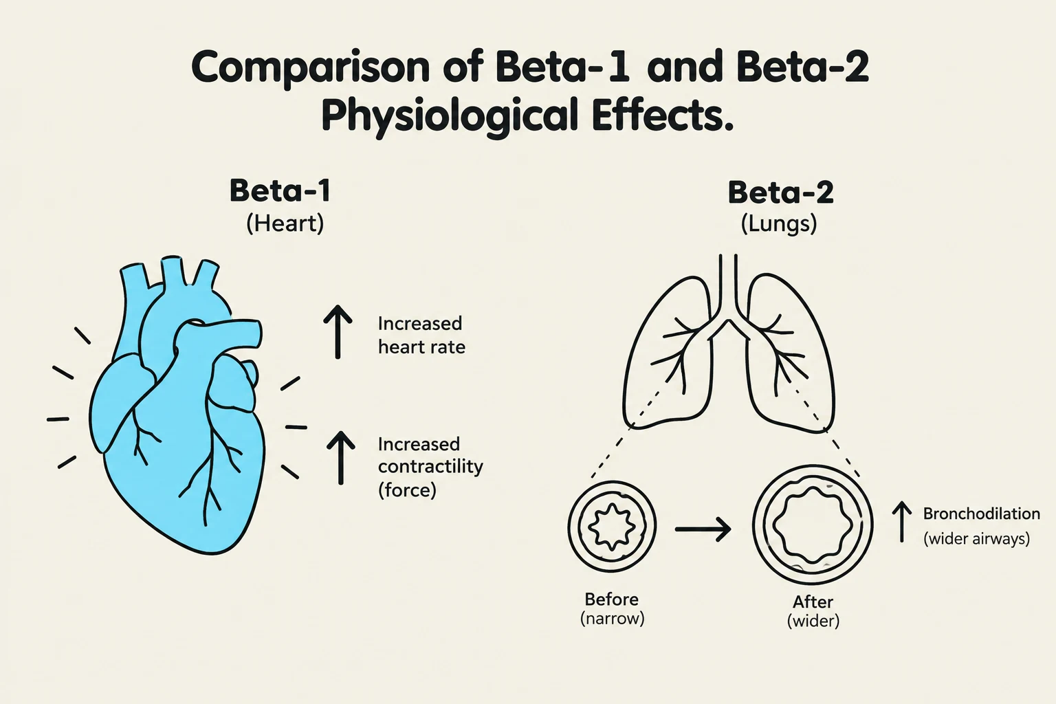 This diagram compares the physiological effects of Beta-1 and Beta-2 receptors in the human body. Beta-1 receptors, primarily located in the heart, increase heart rate and contractility. Beta-2 receptors, found in the lungs, cause bronchodilation, widening the airways.