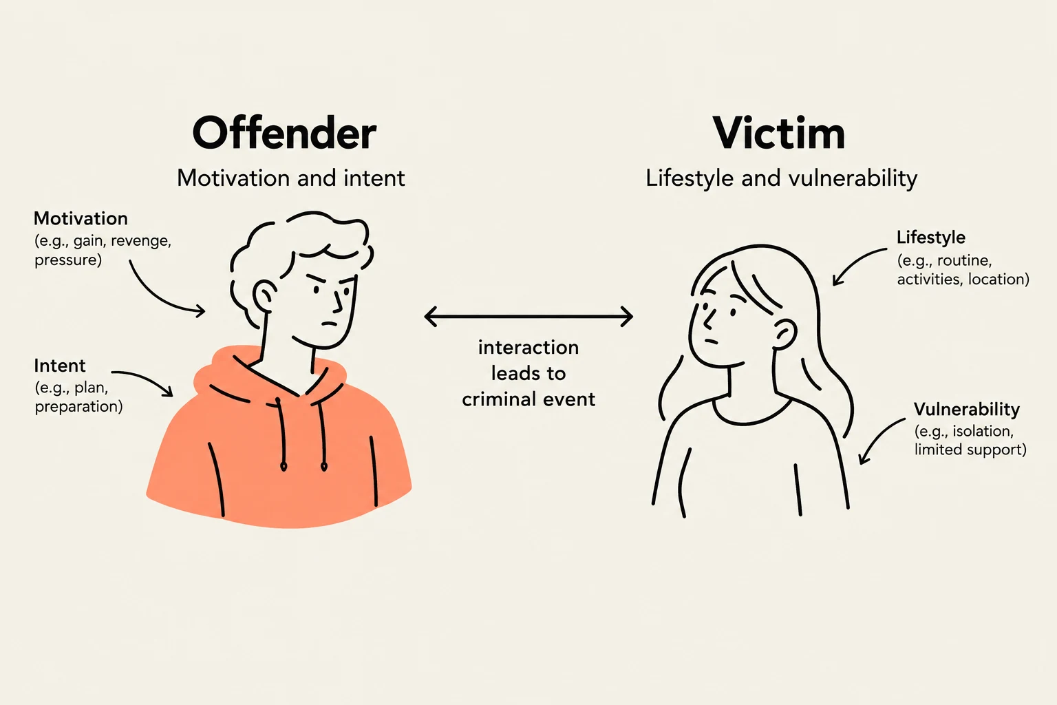 This diagram illustrates the concepts of offender motivation and intent, and victim lifestyle and vulnerability, in the context of a criminal event.