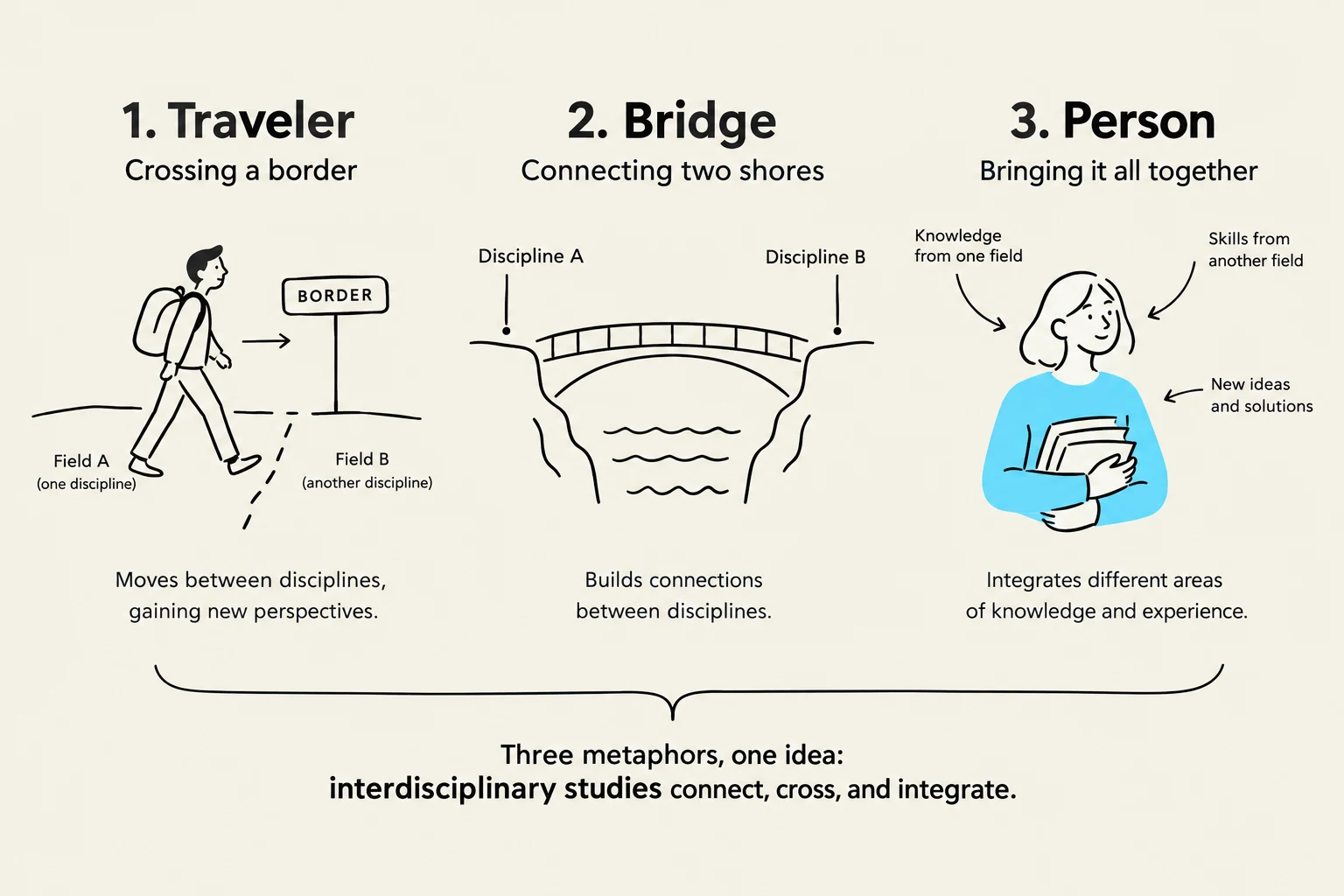 This illustration uses three metaphors: a traveler crossing a border, a bridge connecting two shores, and a person integrating knowledge from different fields, to explain the concept of interdisciplinary studies.
