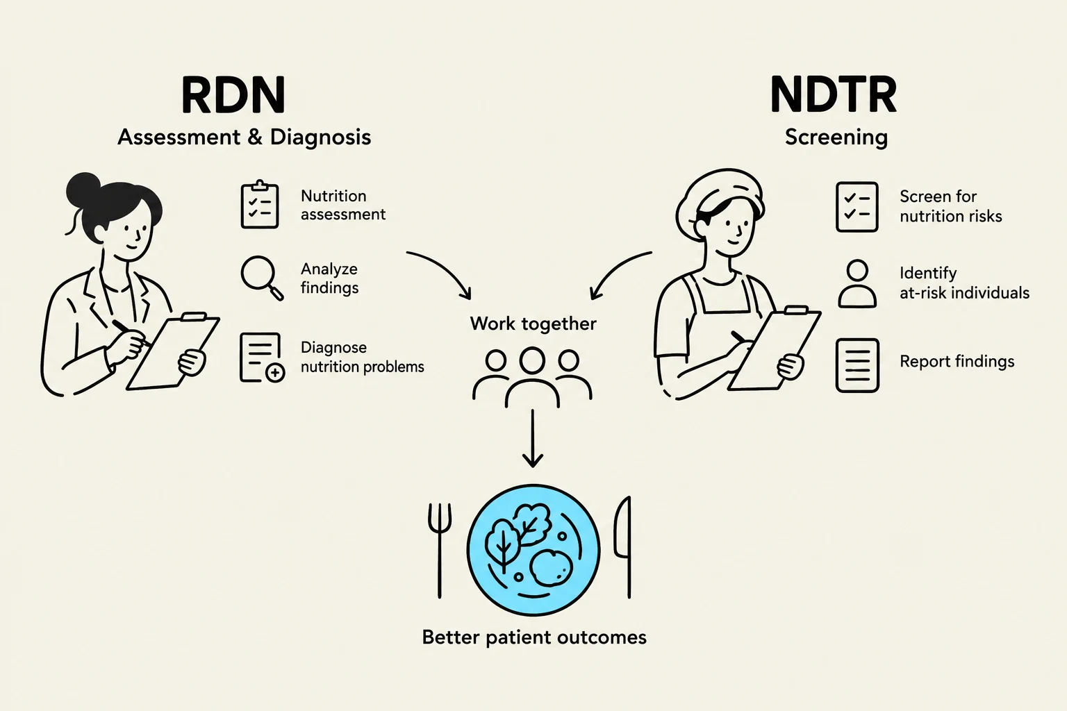This diagram illustrates the collaborative process between a Registered Dietitian Nutritionist (RDN) for assessment and diagnosis, and a Nutrition Dietetic Technician, Registered (NDTR) for screening, leading to better patient outcomes.